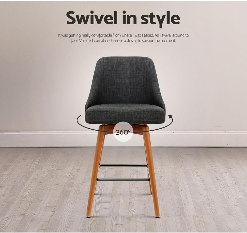 Artiss 4X Bar Stools Kitchen Dining Chairs Swivel Linen Stool Wooden Charcoal image number 6