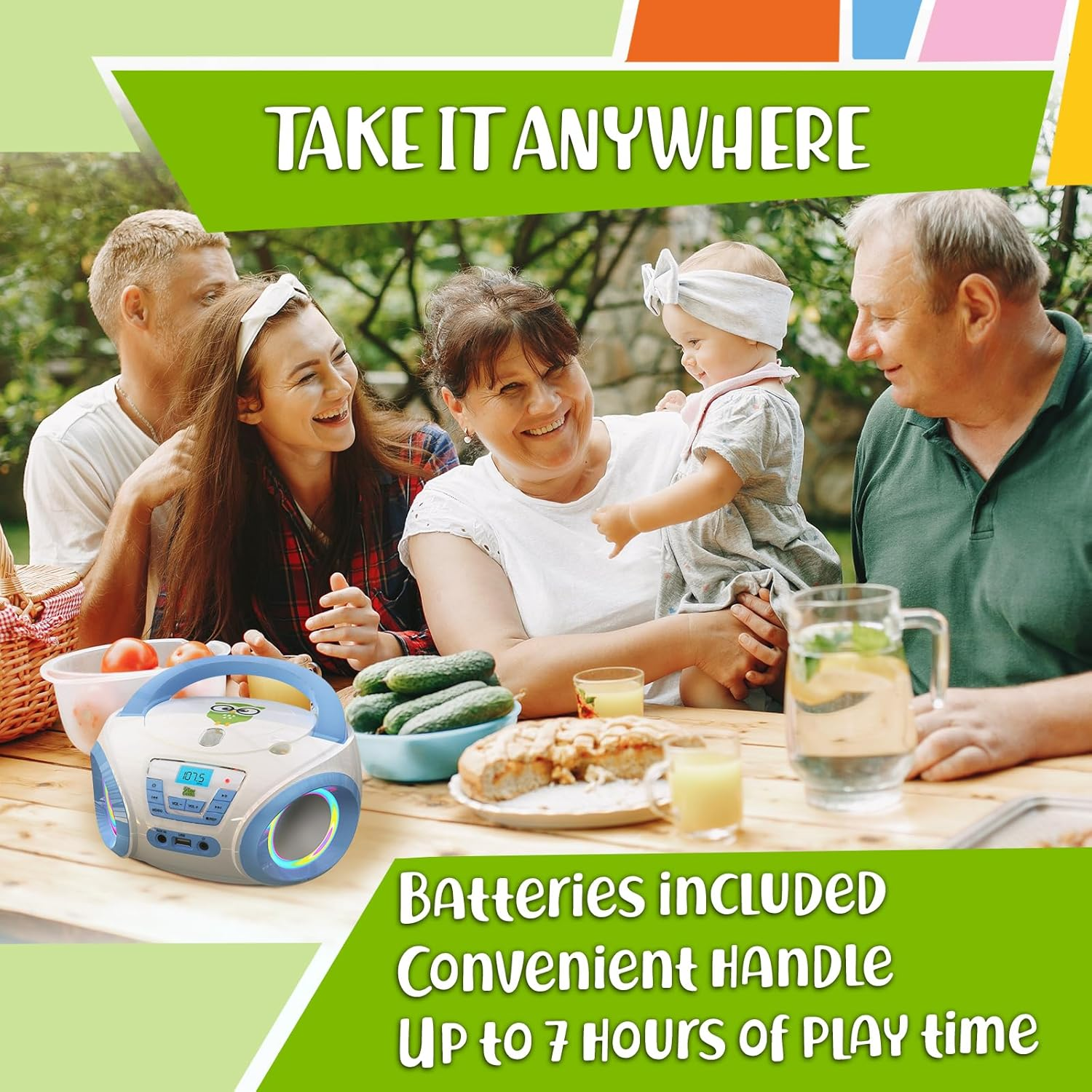 Tunes Kids Boombox CD Player for Kids - New - FM Radio - Batteries Included - Cute White Radio Cd Player with Speakers for Kids and Toddlers - Blue image number 4