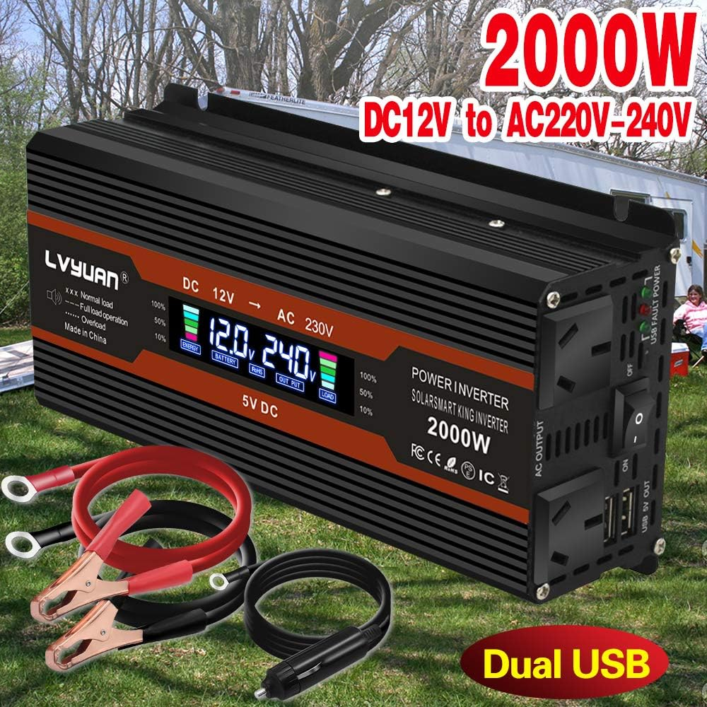 Yinleader 1000W /2000W(Peak) Car Power Inverter DC 12V to 240V AC Converter with Intelligent LCD Display Dual AC Outlets Dual USB for RV Caravan Truck Laptop(Black) image number 4