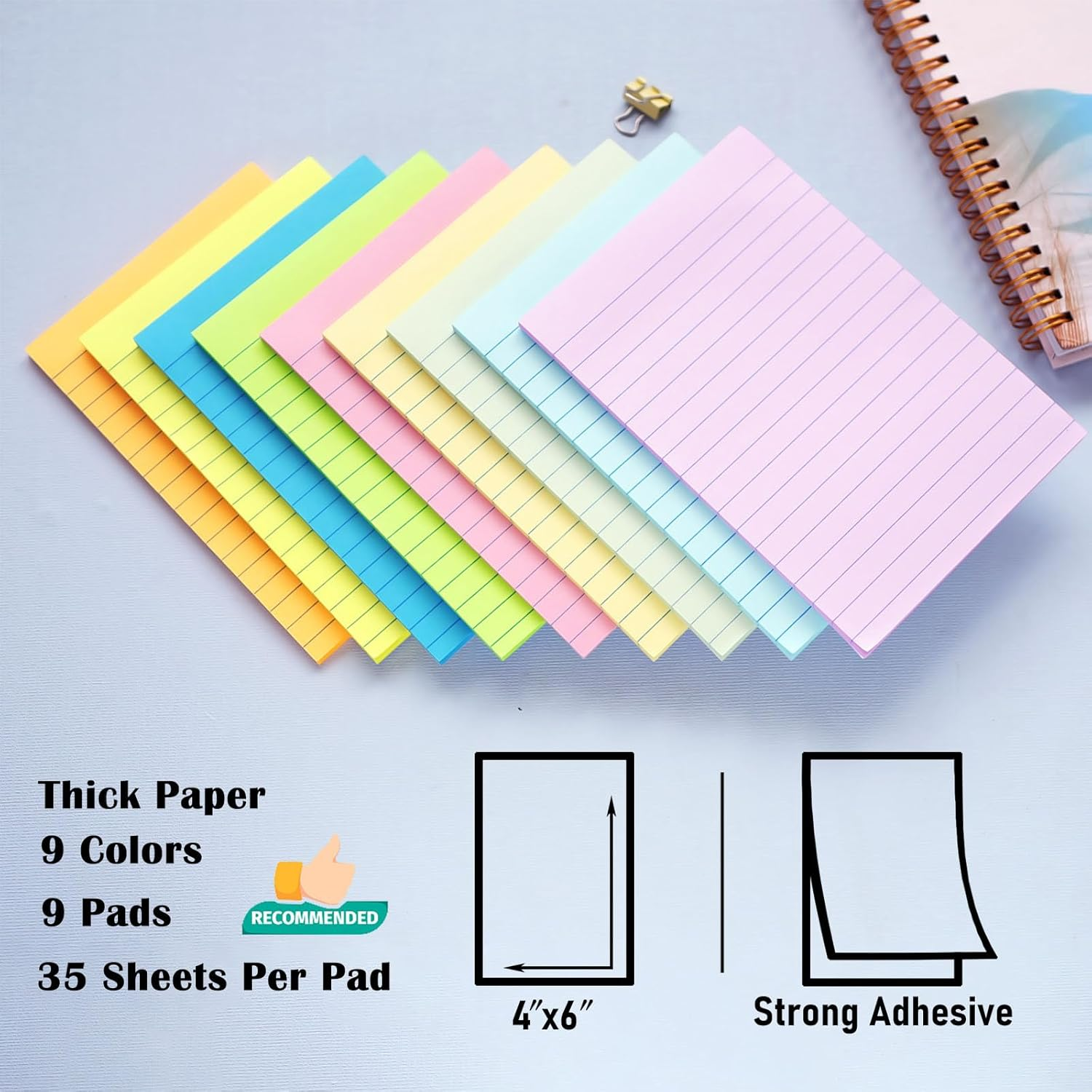 9 Pack Lined Sticky Notes 4X6, 9 Pastel Colors, 315 Sheets, Super Sticking Power, Office, Home, Notebook image number 1