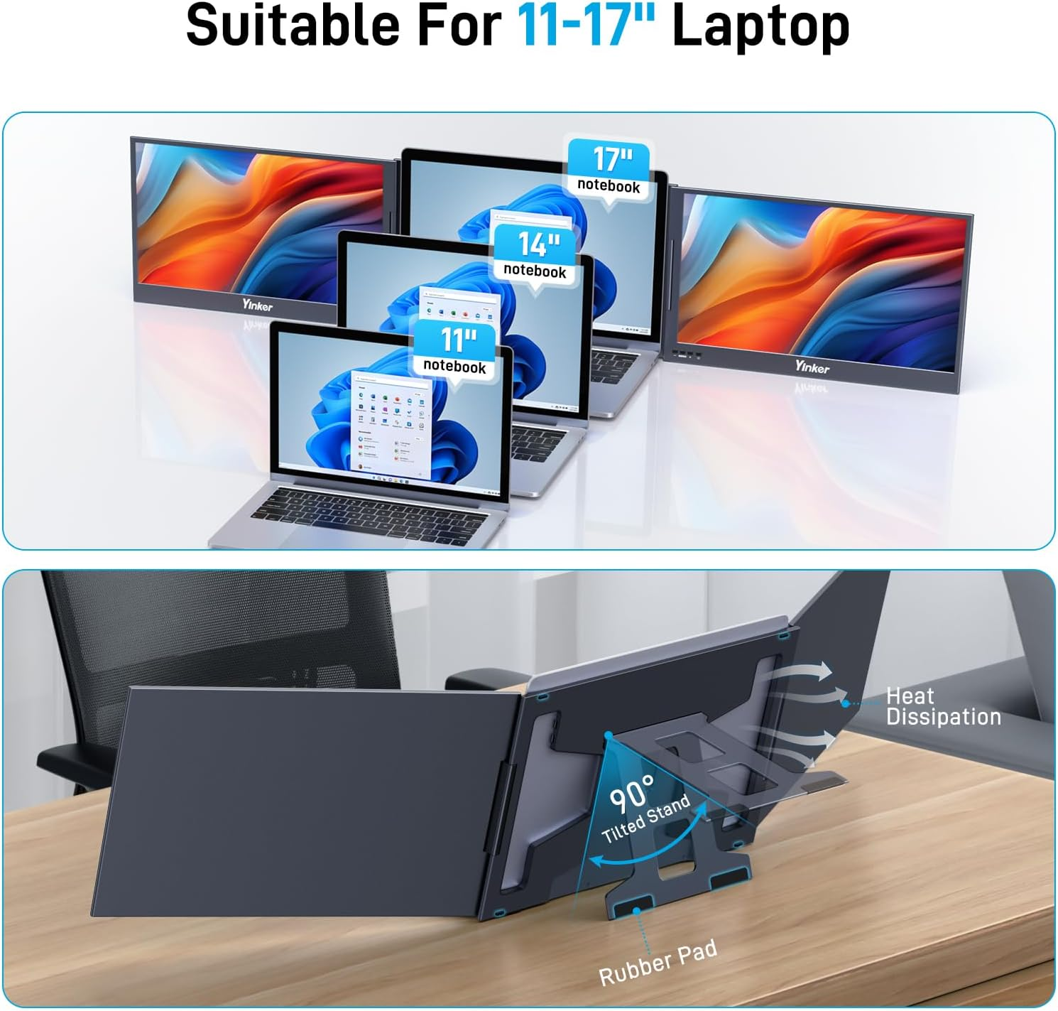 Laptop Screen Extender, 15.6'' Portable Triple Laptop Monitor Extender, Only One USB-C Connection, 1080P FHD, 360&deg; Rotation Compatible with Macos, Windows, Android, Fit 11-17'' Laptops image number 5