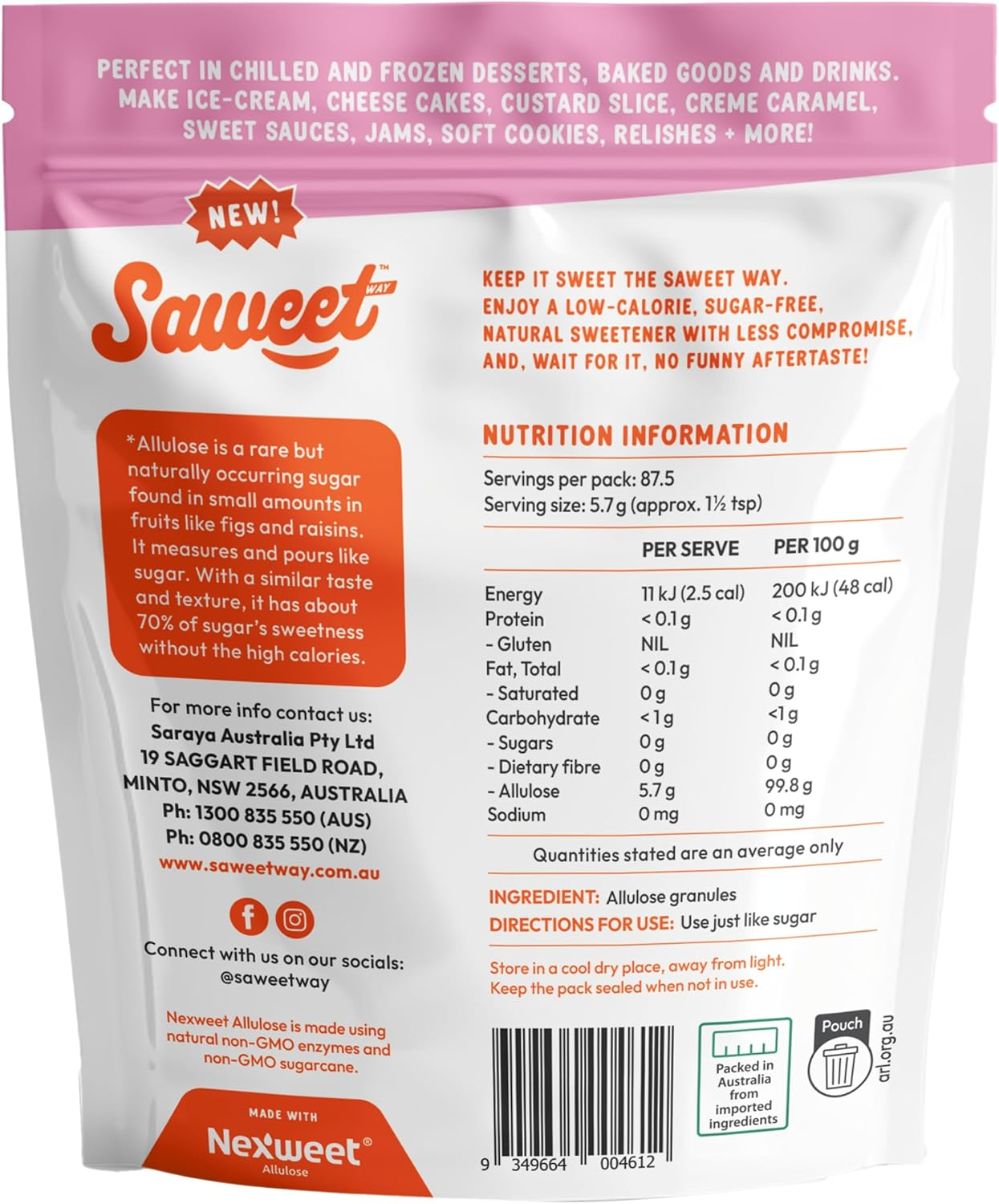 Saweetway Pure Allulose Sweetener | 1 X 500G Pack | Low Calorie Sugar Substitute | Keto & Diabetic Friendly | Vegan, Gluten Free, No Aftertaste | 87% Less Calories image number 6