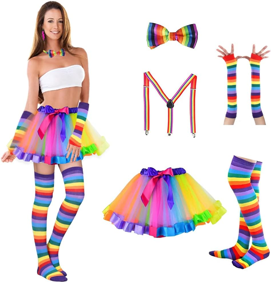 AUTOWT 80S Women Costume Accessories Set, Rainbow Fancy Outfits Long Stretchy Gloves Socks Tulle Tutu Skirt Adjustable Suspender Bow Ties for Cosplay Themed Party image number 1