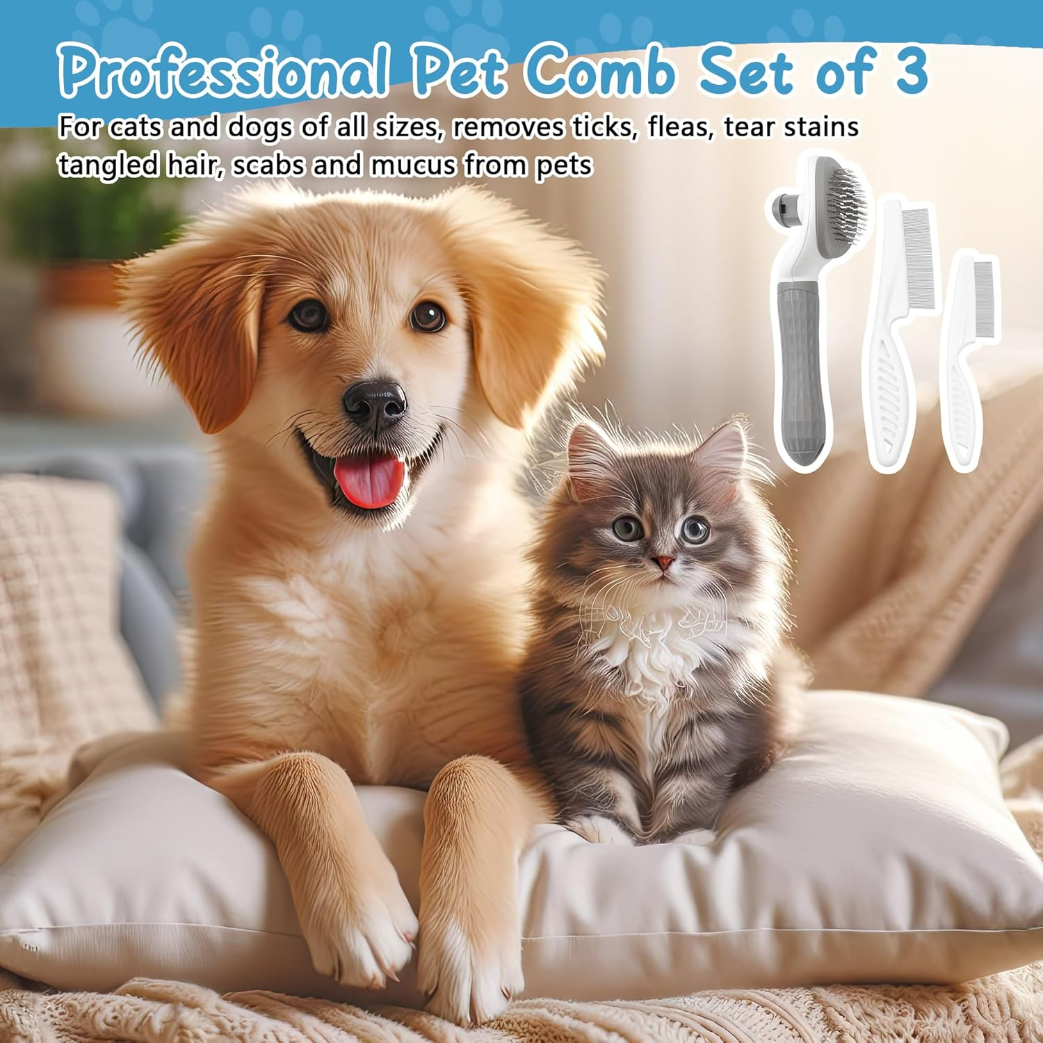 Zssxysm 3 Piece Cat Brush Dog Lice Comb Grooming Tool Self-Cleaning Brush for Long and Short Hair, Professional Pet Accessory image number 2