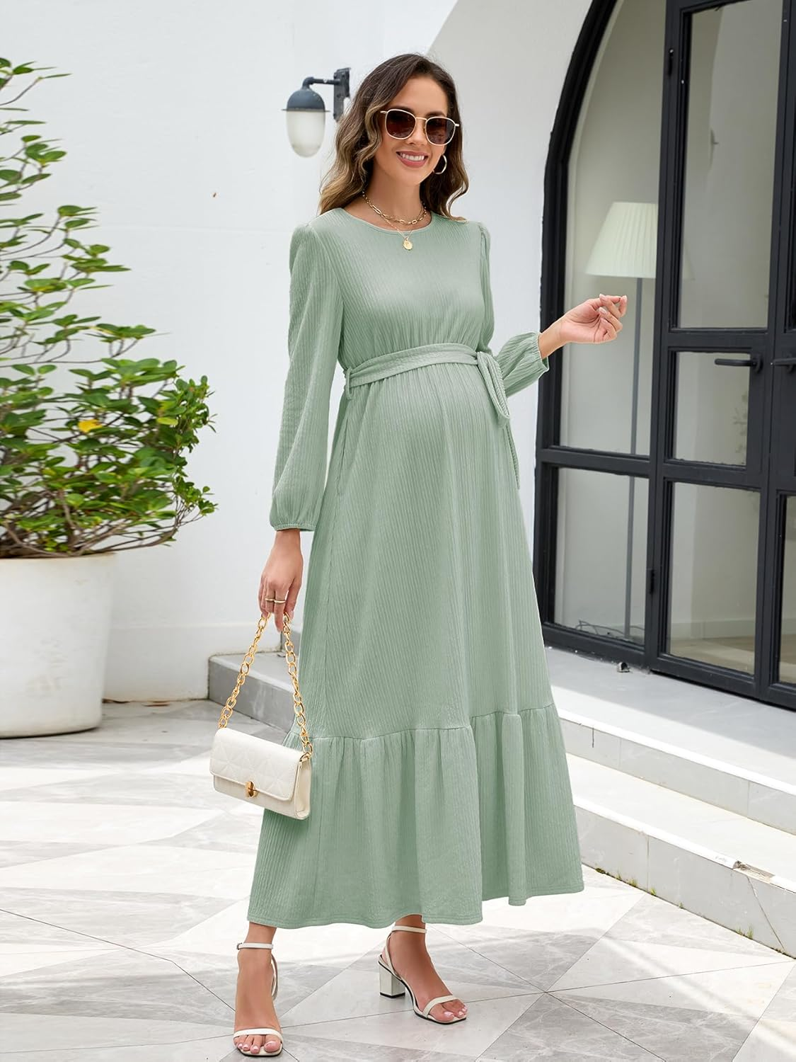 Women'S Maternity Maxi Dress with Belt Long Sleeve Crew Neck Pregnancy Dresses with Pockets Baby Shower Photoshoot image number 7