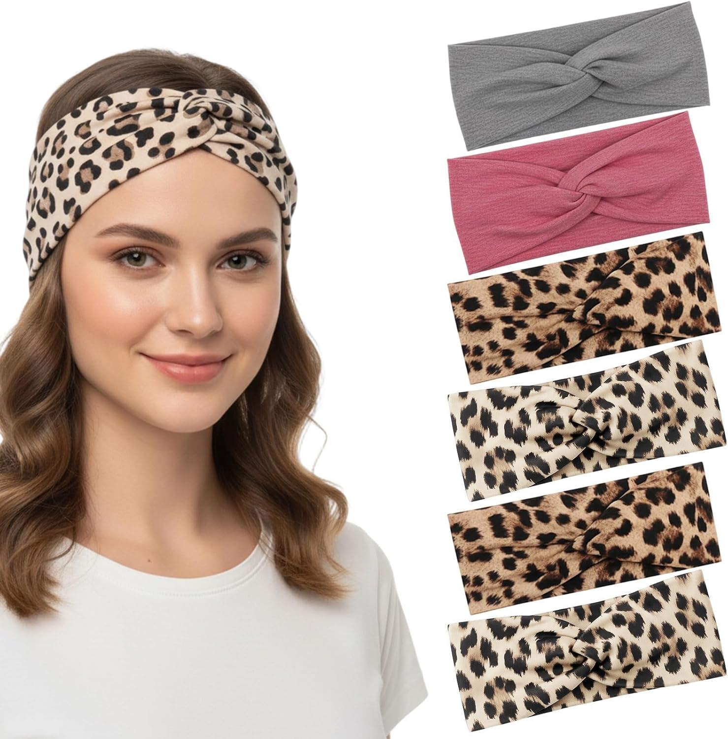 Set of 6 Women'S Sports Headbands, Leopard Print & Plain, 23 X 11 Cm, Breathable for Yoga, Fitness & Running