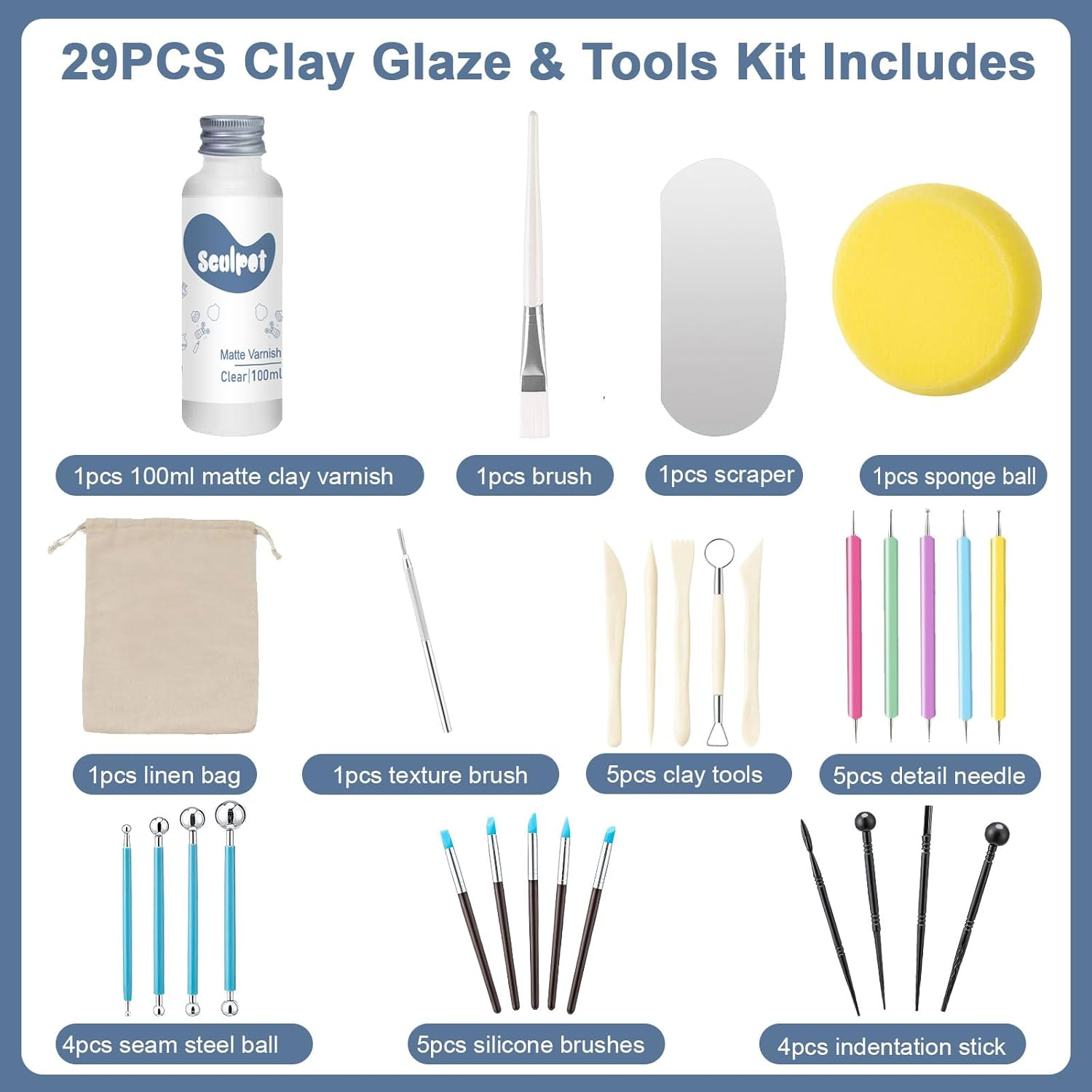 1DFAUL Clay Glaze with Air Dry Clay Tools Kit, 29PCS Clay Sculpting Tools, Polymer Clay Kit and Clay Varnish, Pottery Tool Kit for Sculpting, Modeling, Shaping, Matte, Scratch Resistant (Matte) image number 6