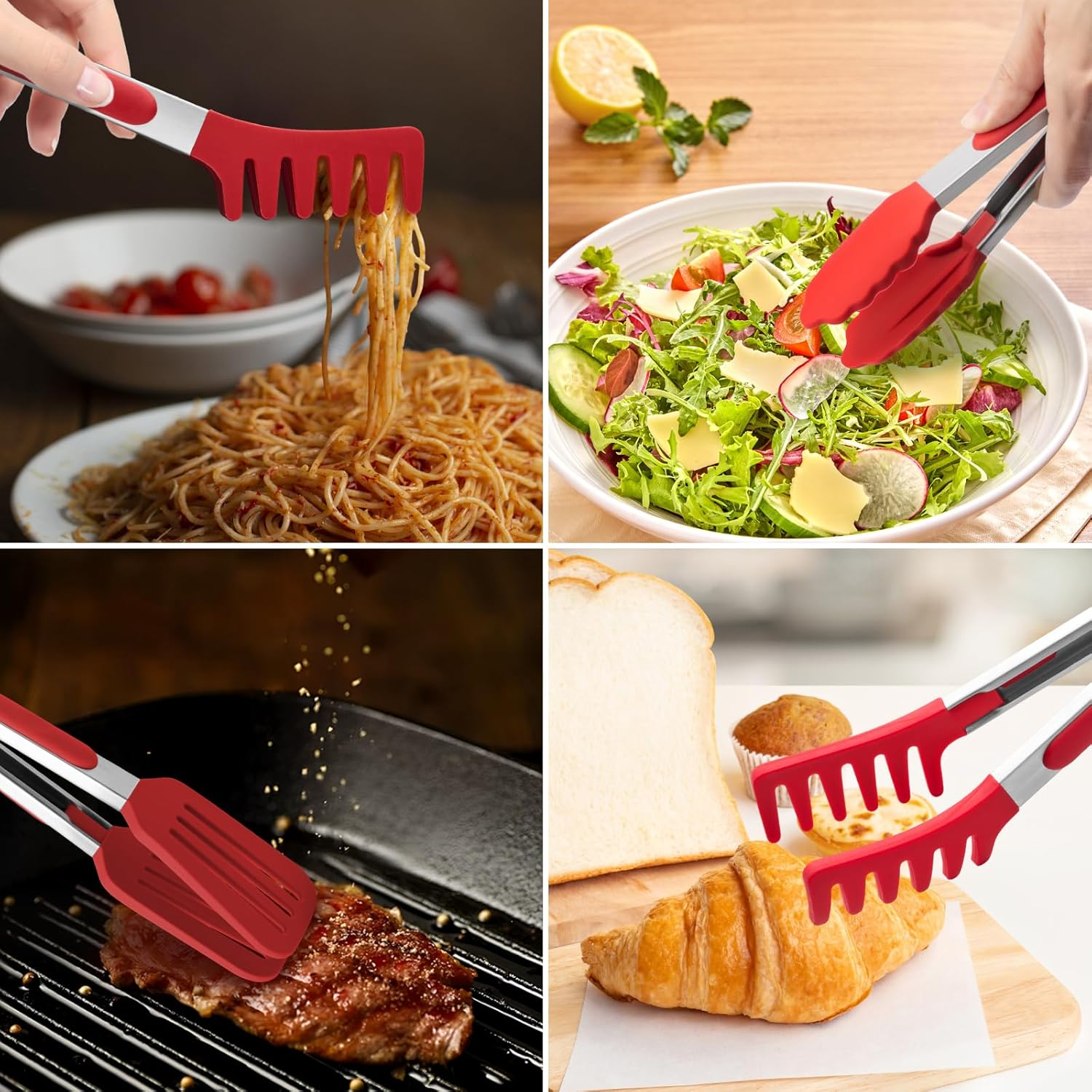 3 Pack Silicone Tongs for Cooking,Maywe Tanso 9 Inch Cooking Kitchen Tongs with Silicone Tips,Nonstick Stainless Steel Tongs for Steak Pie Pizza Pasta Spaghetti Salad BBQ Buffet image number 3