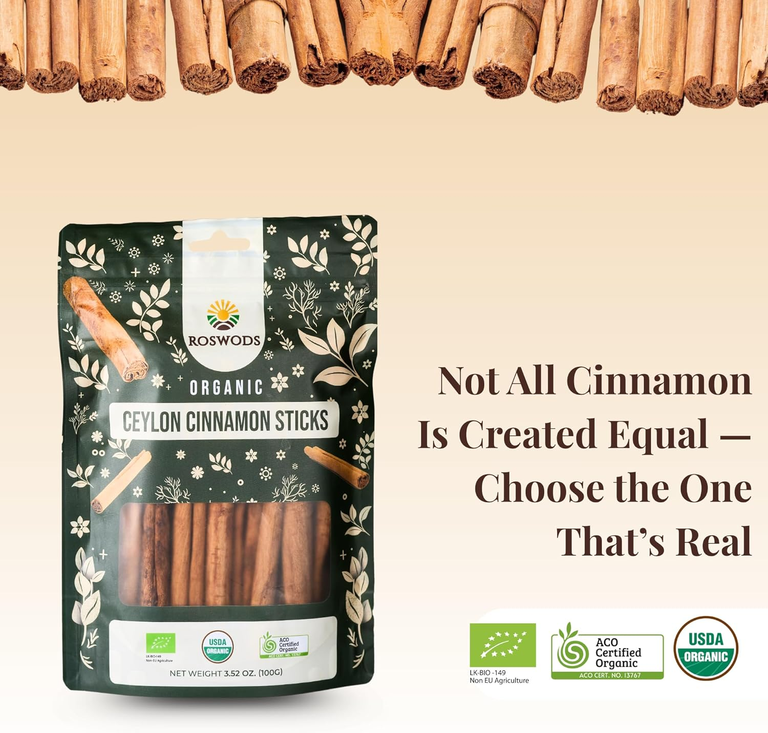 Roswods Australian Certified Pure Ceylon Organic Cinnamon Sticks &ndash;Pure Organic Ceylon Cinnamon-50G image number 5