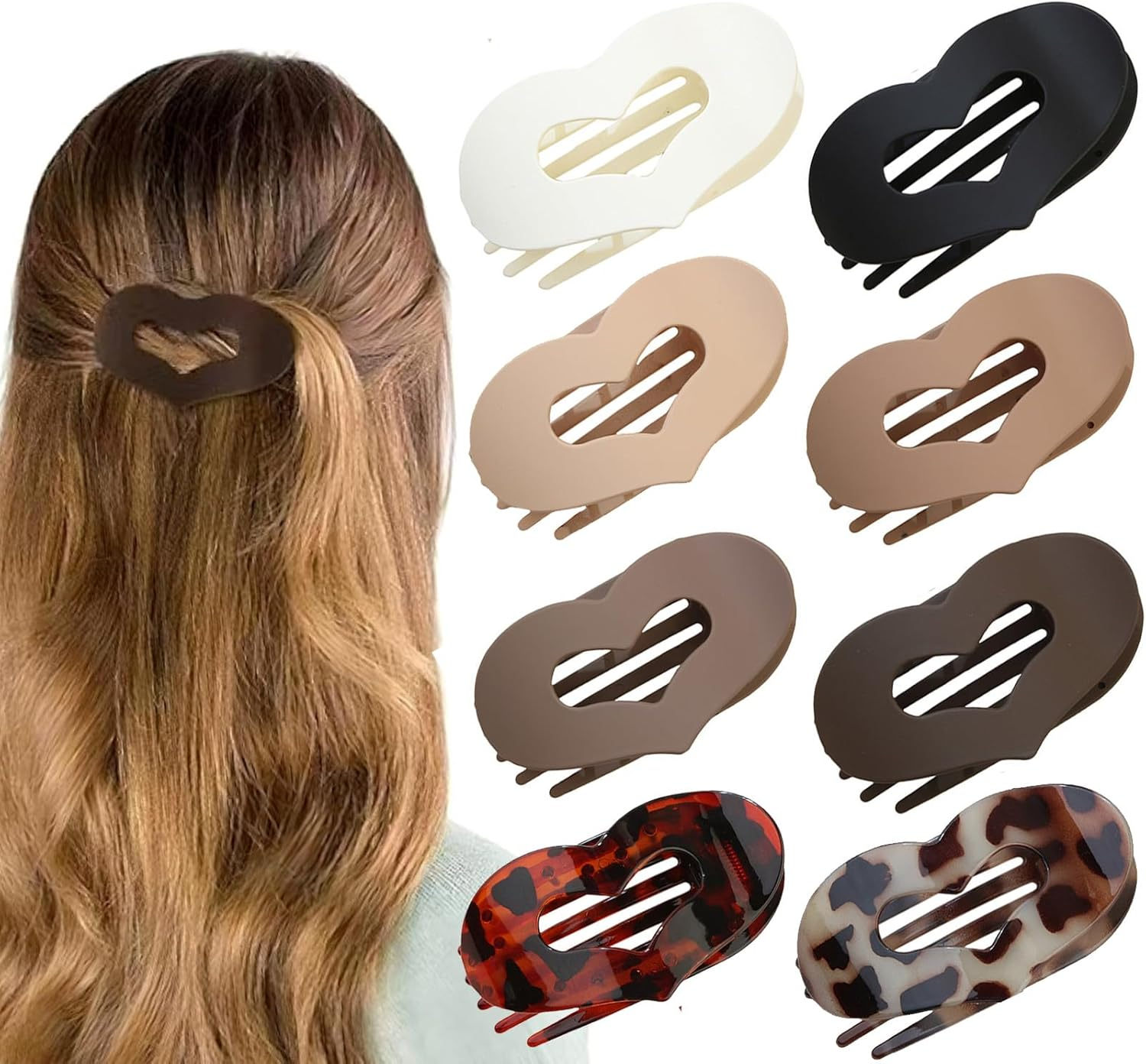 8 PCS Flat Hair Clips French Lay down Hair Claw Clips for Women Girls Strong Hold Hair Barrettes for Thick Thin Hair Comfortable Curved Flat Clips for Lying Driving (Heart)