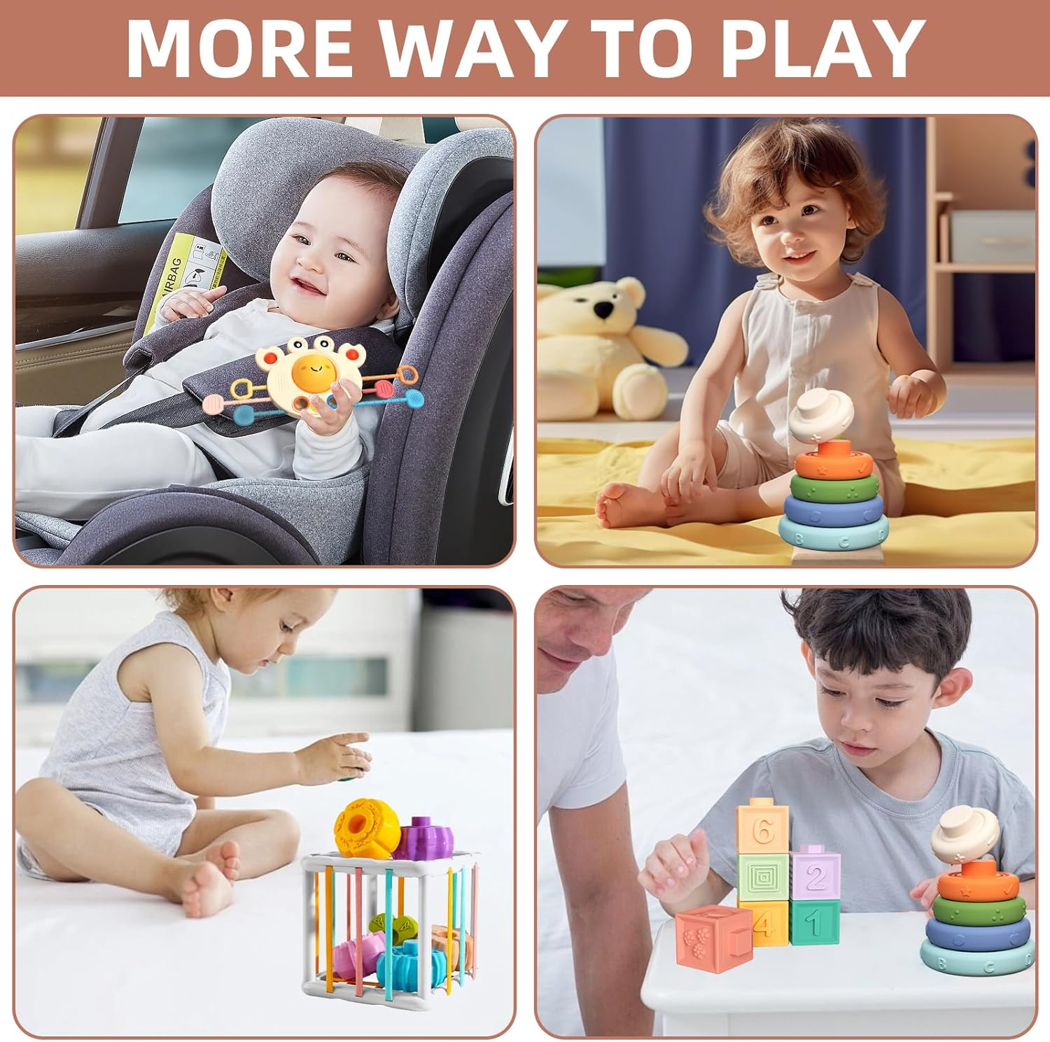 4 in 1 Montessori Baby Toys for Babies 6-18 Months,Pull String Teether, Infant Stacking Blocks, Sensory Shapes Storage Bin, Ideal Baby Boy Girl Gifts, Infant Toys 1 2 3 Year Old Boys Girls