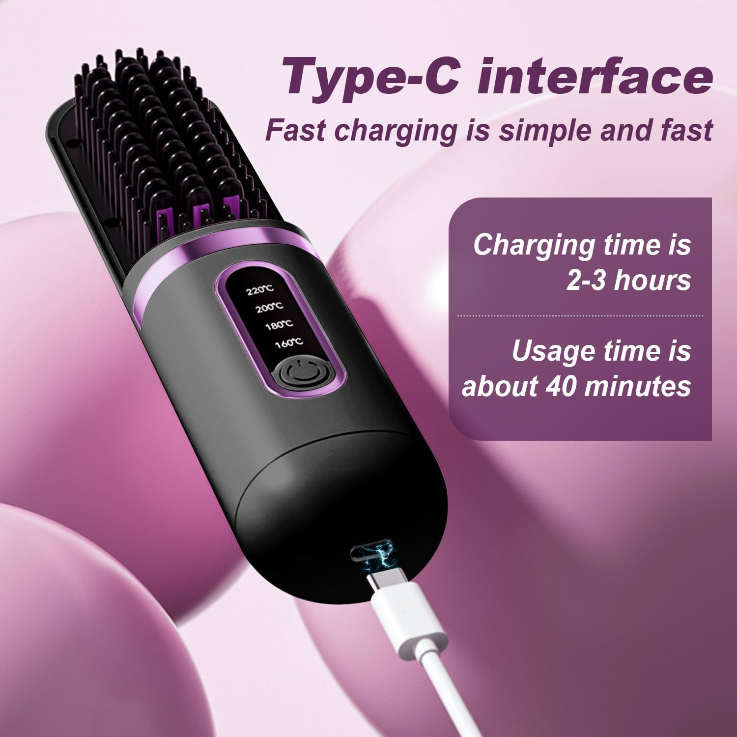 Cordless Hair Straightener Brush & Travel Hair Brush, 4-Temp LCD Display, Anti-Scald, Long-Lasting Mini Beard Straightener, Hot Comb Styling Tools with Dust-Proof Cover, Comb & Clip image number 4