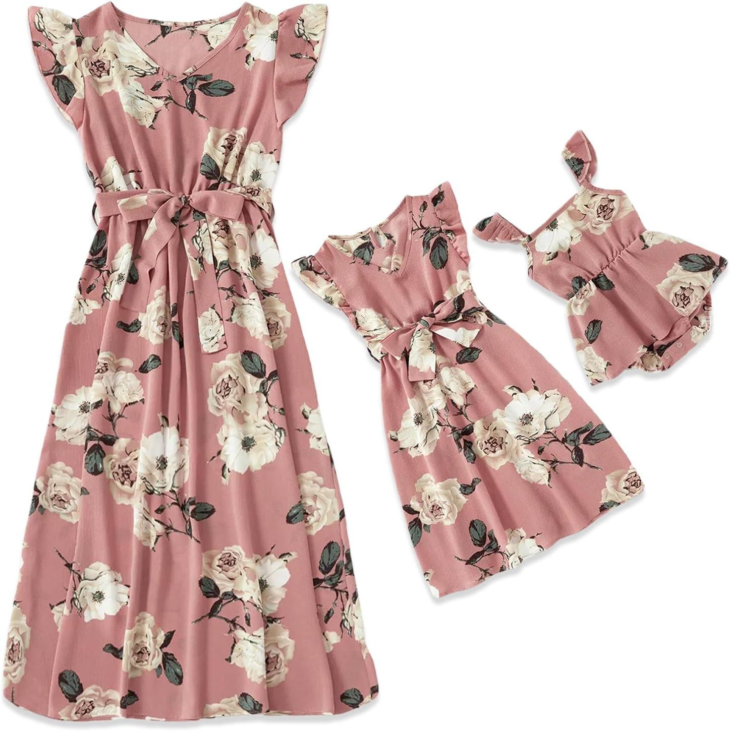 Focamia Pink V Neck Ruffle Short-Sleeve Splicing Butterfly and Floral Print Dress for Mom and Me