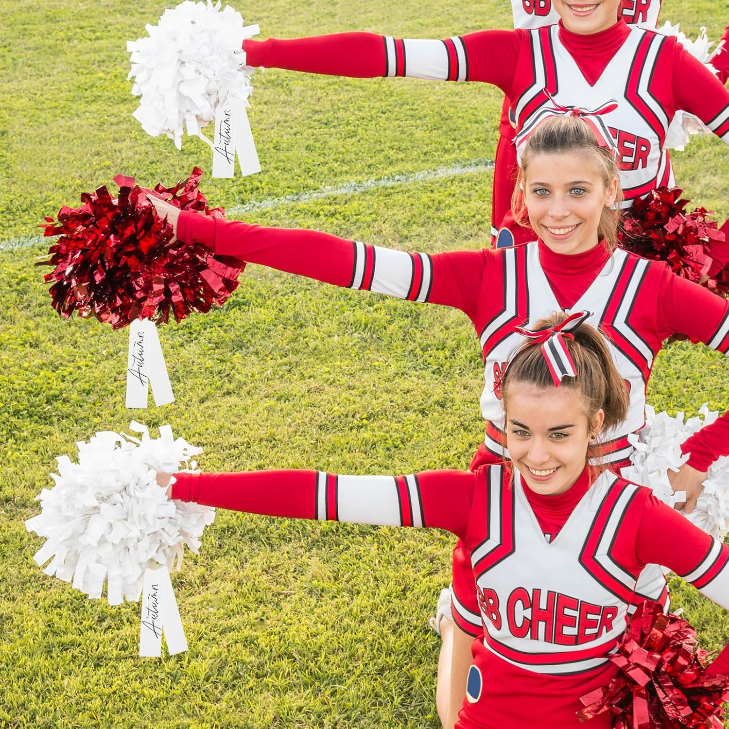 48 Pcs Cheerleader Pom Pom Name Tags, Writable Blank Labels for Cheering Team, Elasticity Marking Tags for Travel Luggage Backpack Keychains (White) image number 3