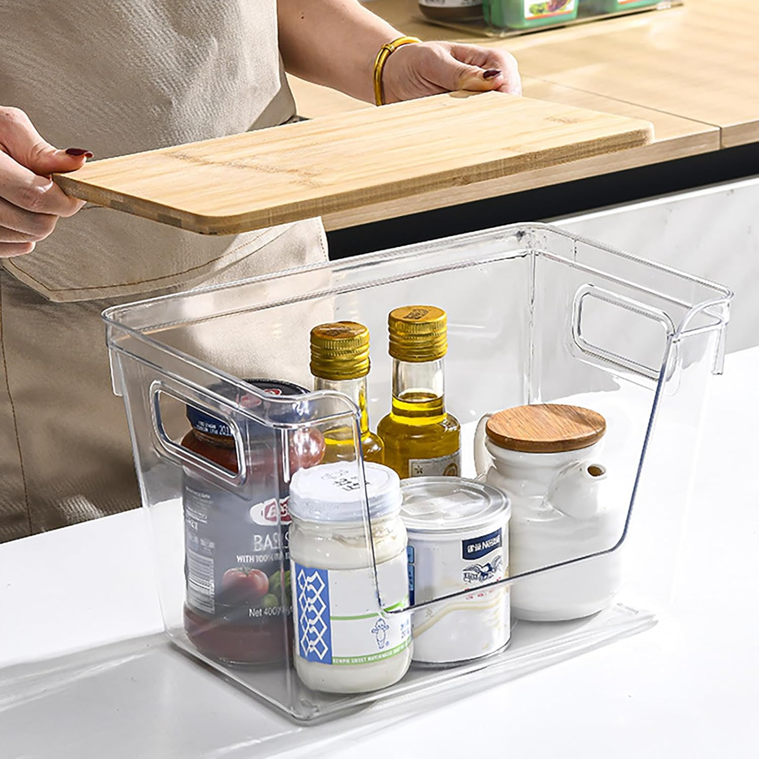 FORYUSE 2 Pack Clear Stackable Storage Containers Acrylic Open Front Storage Bins with Lid Handle for Kitchen Organiser Trash Bag Holder Dispenser image number 6