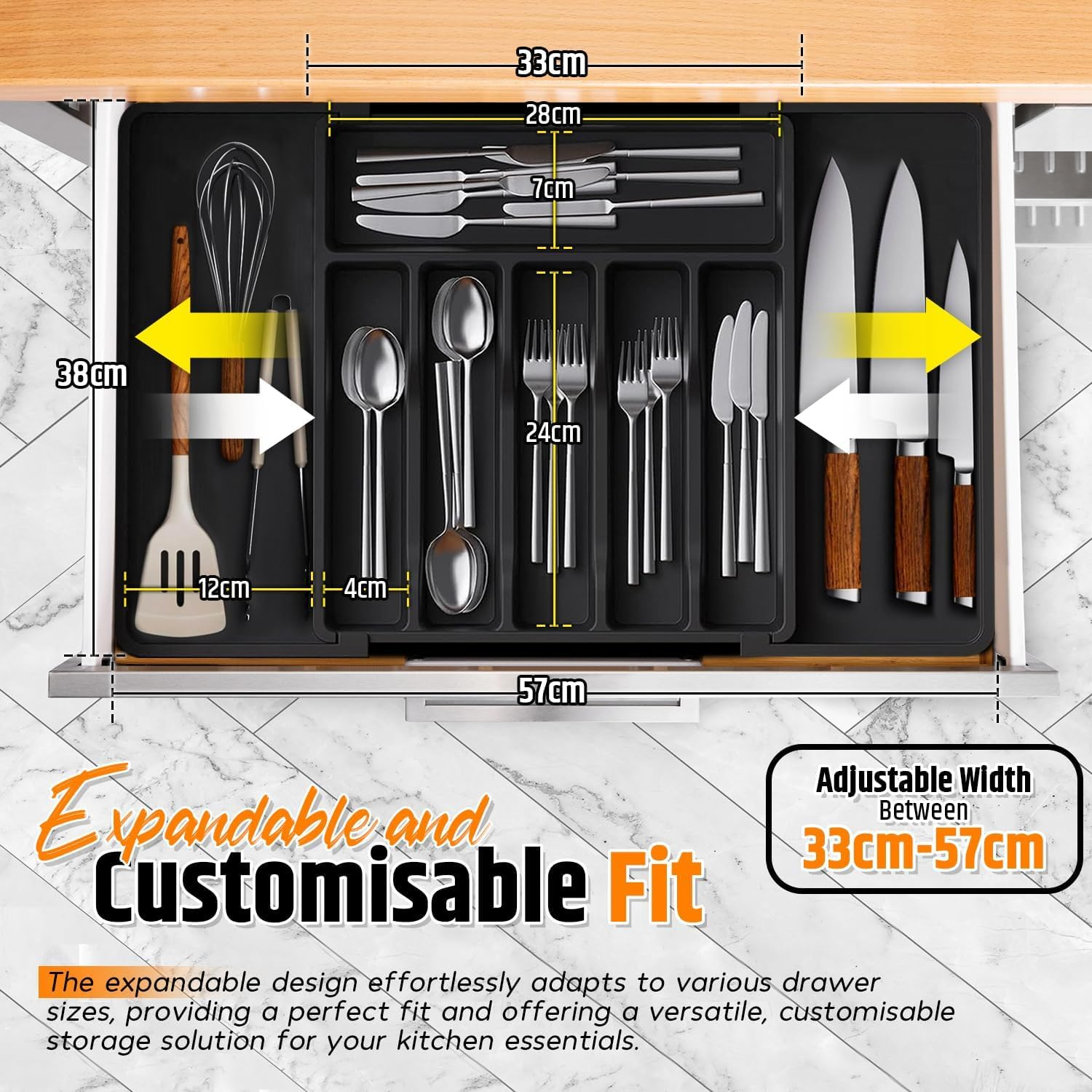 Expandable Kitchen Drawer Organizer &ndash; Large Black Cutlery Tray 33-57Cm &ndash; Adjustable Utensil Holder &ndash; 8 Compartments &ndash; Water-Resistant Plastic Storage for Silverware, Spoons, Forks, Knives & Gadgets image number 3