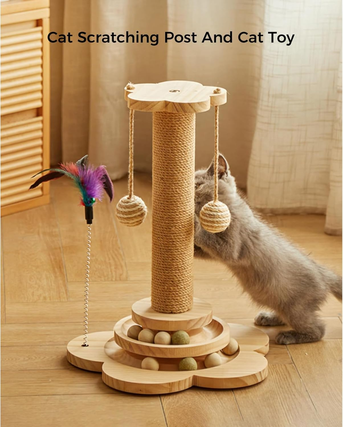 Multi-Functional Cat Scratching Post: 4-In-1 Wooden Cat Scratcher Toy, 45Cm Tall with Track Balls, Feather Toy, and Sisal Hanging Balls for Indoor Kittens and Adult Cats image number 2
