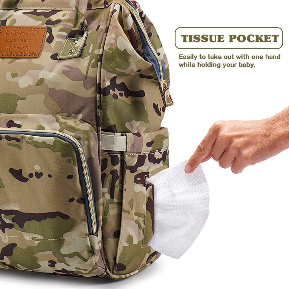 Limhoo Diaper Bag Backpack for Men Dad, Waterproof Large Canvas Camo Nappy Bags, Baby Care Bag - Army Green image number 5