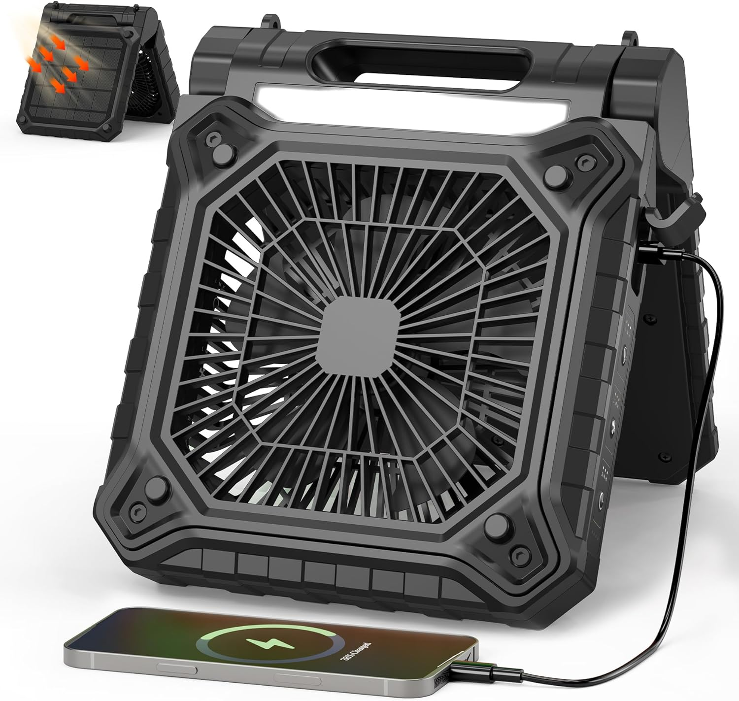 KITWLEMEN Solar Powered Fan - Rechargeable Battery Operated Camping Fan with Lantern, 38H Run Time, 3 Speed, 6H Timer, SOS Signal, Portable Desk Fan for Camping Fishing RV Trips Hurricane Power Outage
