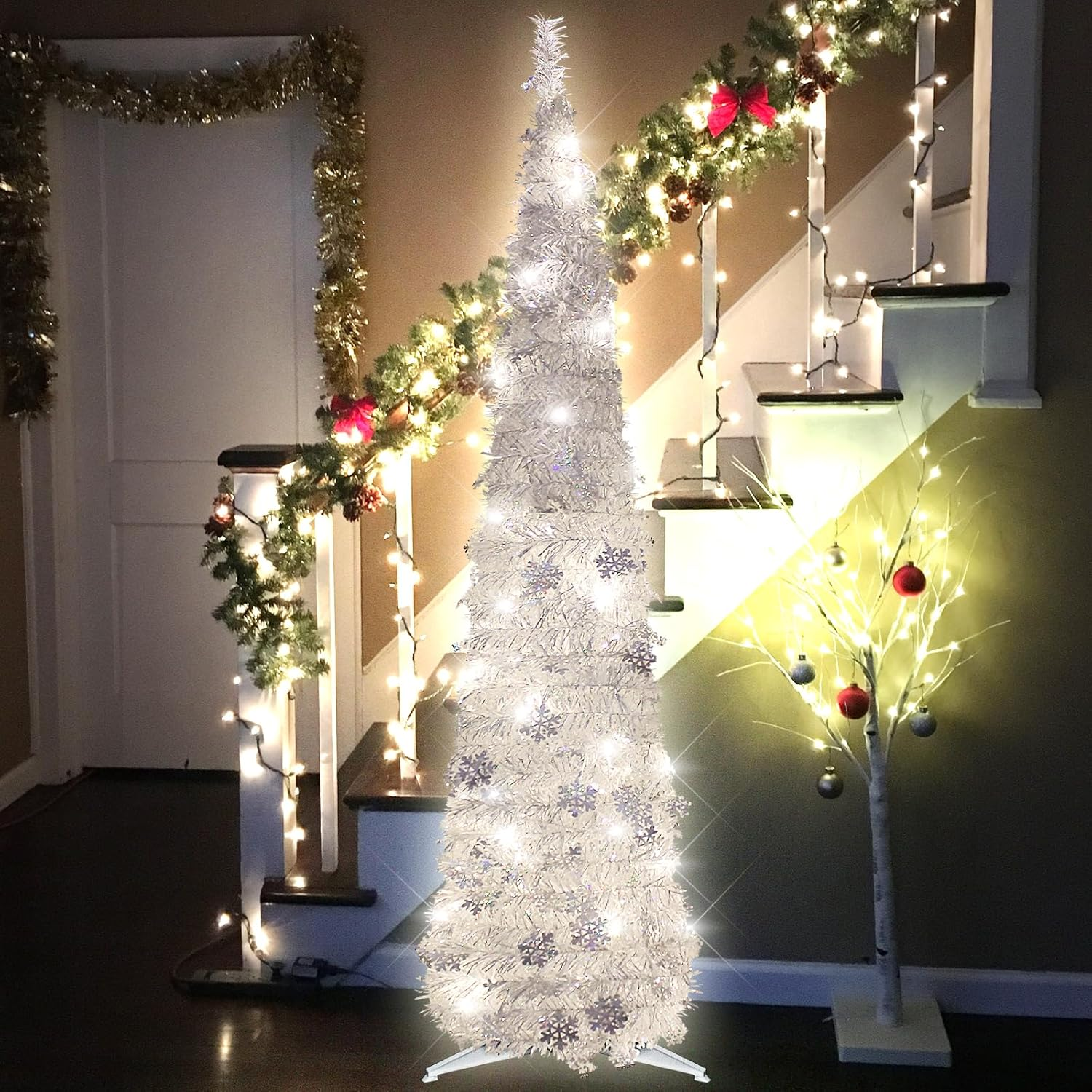 5FT Pop up Christmas Tree for Indoor Decoration Pre-Lit Mini Christmas Tree with 60 Lights, Silver White Artificial Pencil Tree Collapsible Tinsel Lighted up Christmas Tree with Snowflake Glitter image number 4