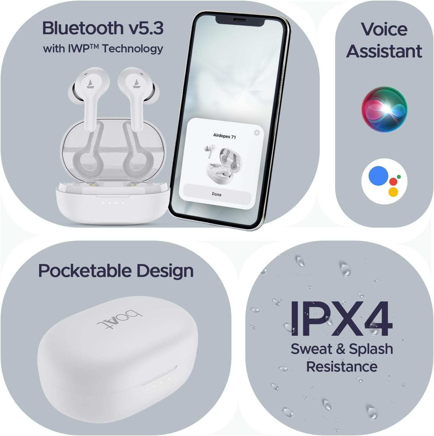 Boat Airdopes 71 TWS Earbuds with 40 Hours Playtime, Dual Microphones with Enx, ASAP Charge, IWP, Beast Mode with Low Latency 50Ms, IPX4 and Pocket ID (Frosted White) image number 4