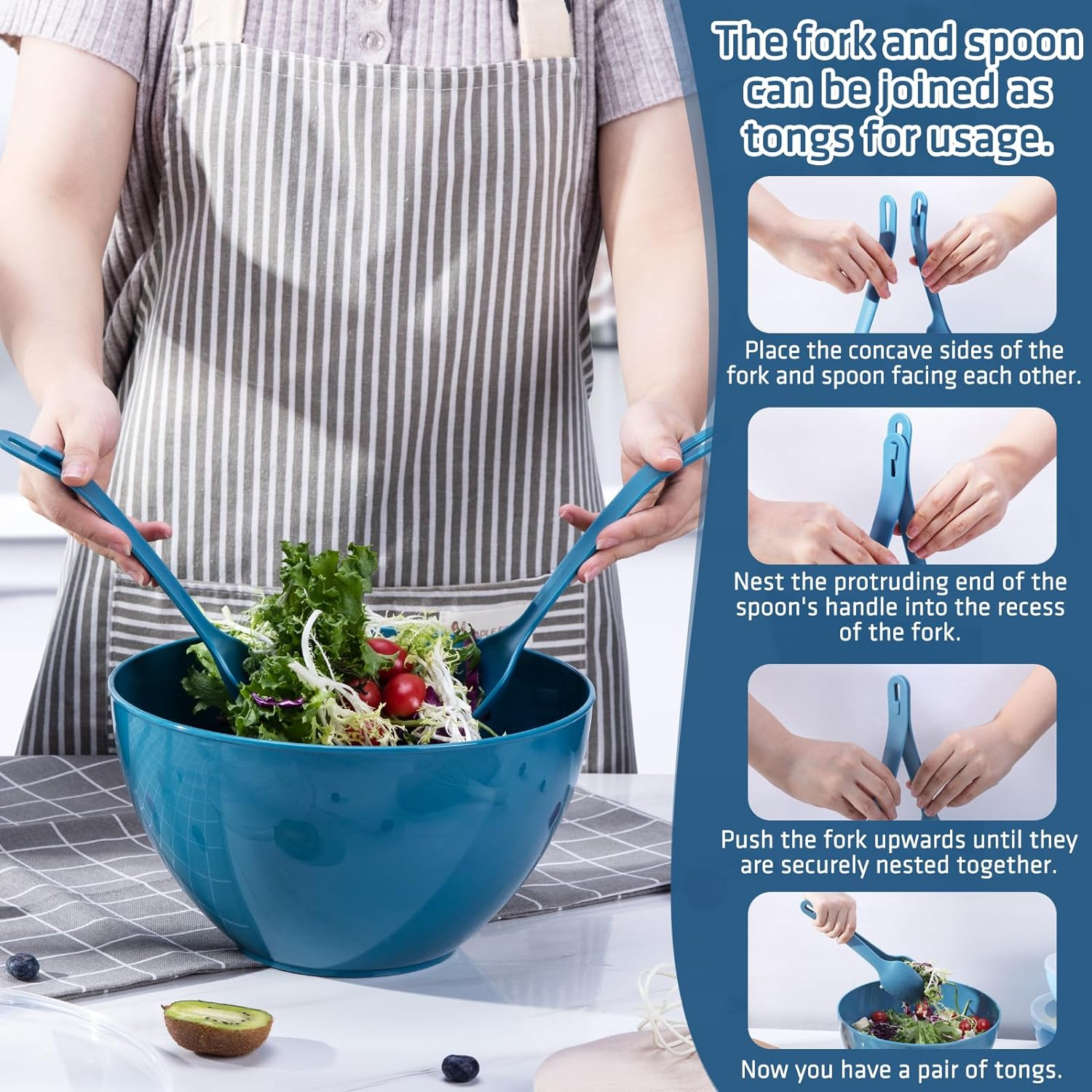 LUXEAR 14 Pcs Mixing Bowls with Lids, Plastic Nested Bowl Set Includes 6 Prep Bowls, 6 Lids, 2 Cooking Spoons(Can Convert into Tongs), Microwave Dishwasher Safe for Mixing Serving Baking Storing image number 5