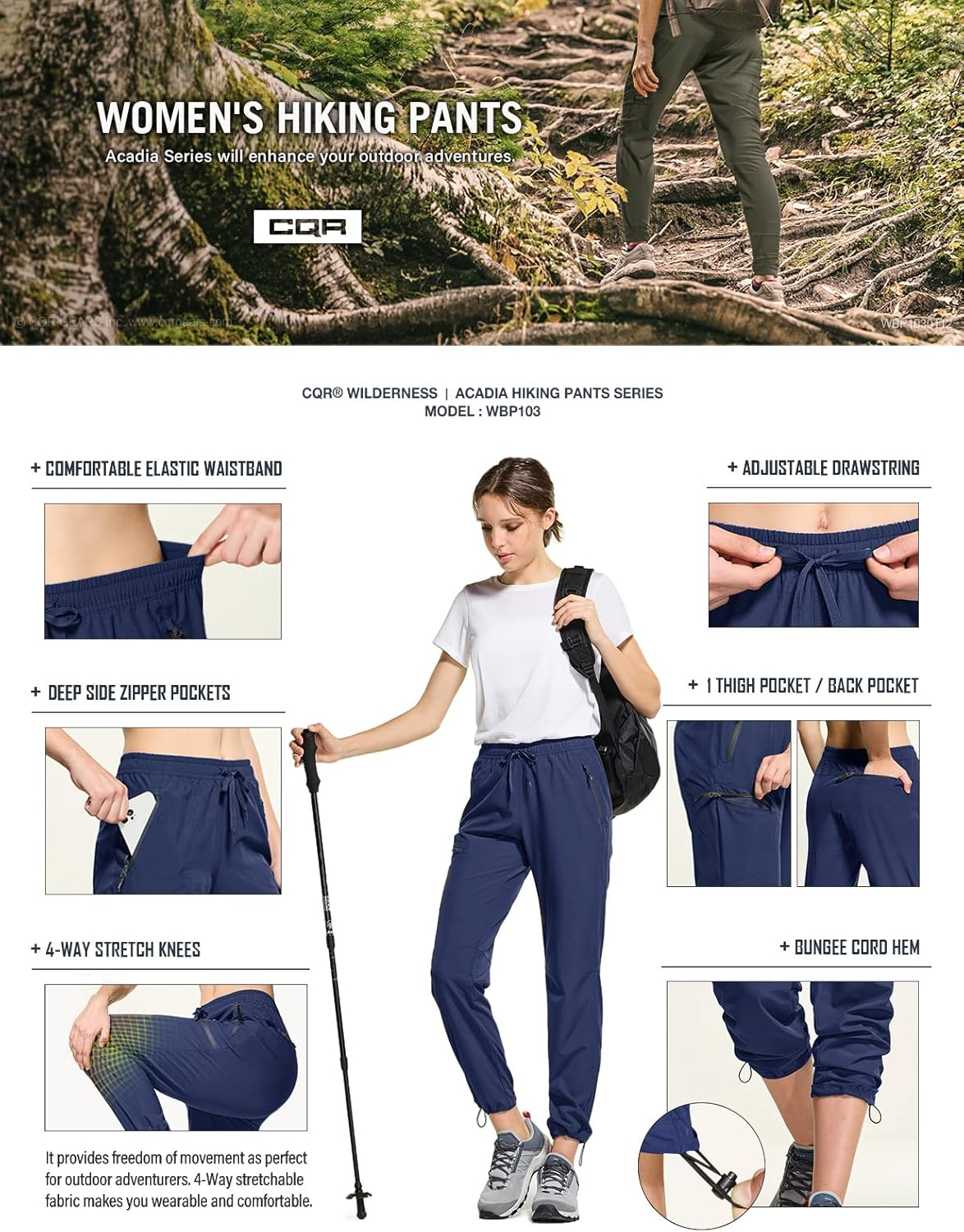 CQR Women'S Lightweight Hiking Cargo Pants with Stretch Fabric Zipper Pockets and Water-Resistant Finish for Outdoor Travel and Trekking WBP103-NVY X-Large image number 6