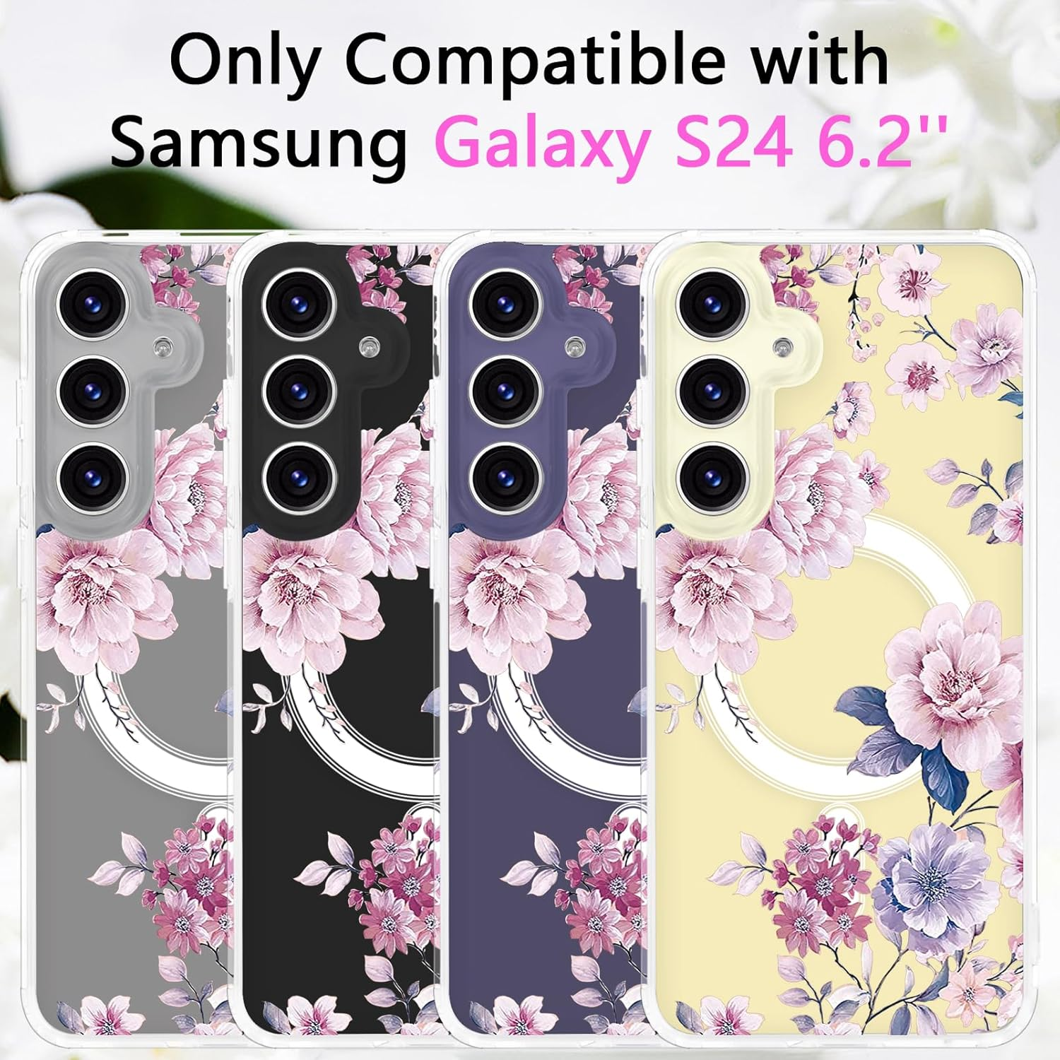 Tcaraersing for Samsung Galaxy S24 6.2" Magnetic Flower Case - Floral Pattern Shockproof Cover with Magsafe Compatibility, Slim Hard PC Back & Soft TPU Edge for Women & Girls, Peony image number 3