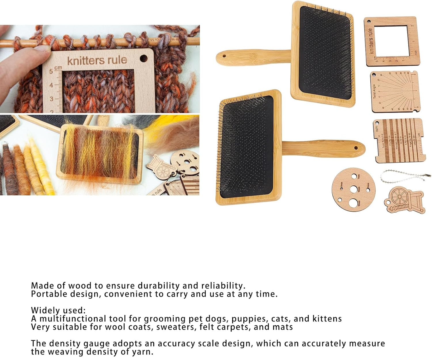 Wooden Knitting Measure Tool Set with Wool Blending Board Carding Brush Set, Wool Carders Hand Carders, Density Ruler for Wool Felting Supplies, Sewing Crafts image number 6