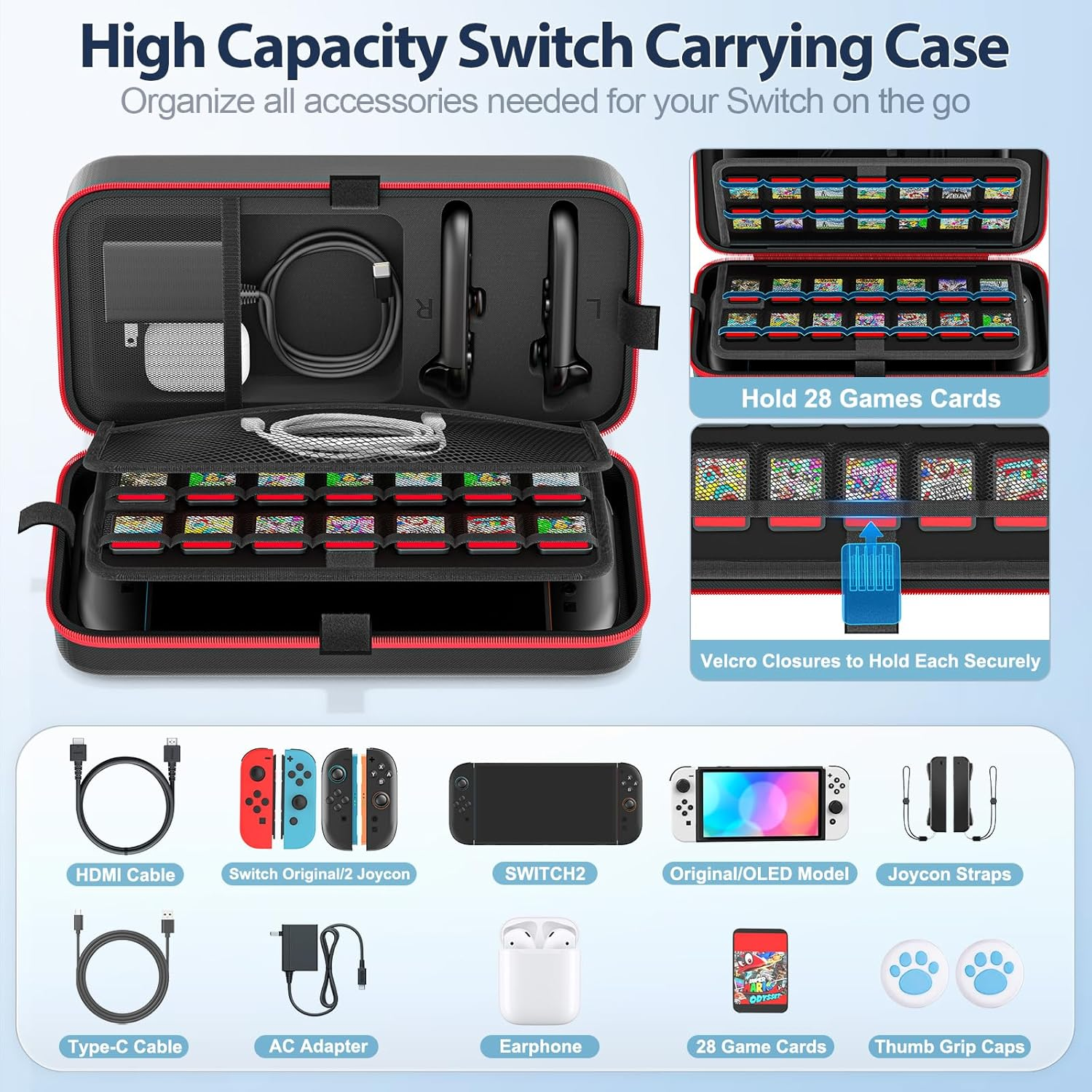 Kytok Switch 2 Case Compatible with Nintendo Switch 2 & Original & OLED Version, Custom Spot for Joycon 2 & AC Adapter, Portable Travel Switch 2 Carrying Case Bag for 28 Games & Switch Accessories image number 5