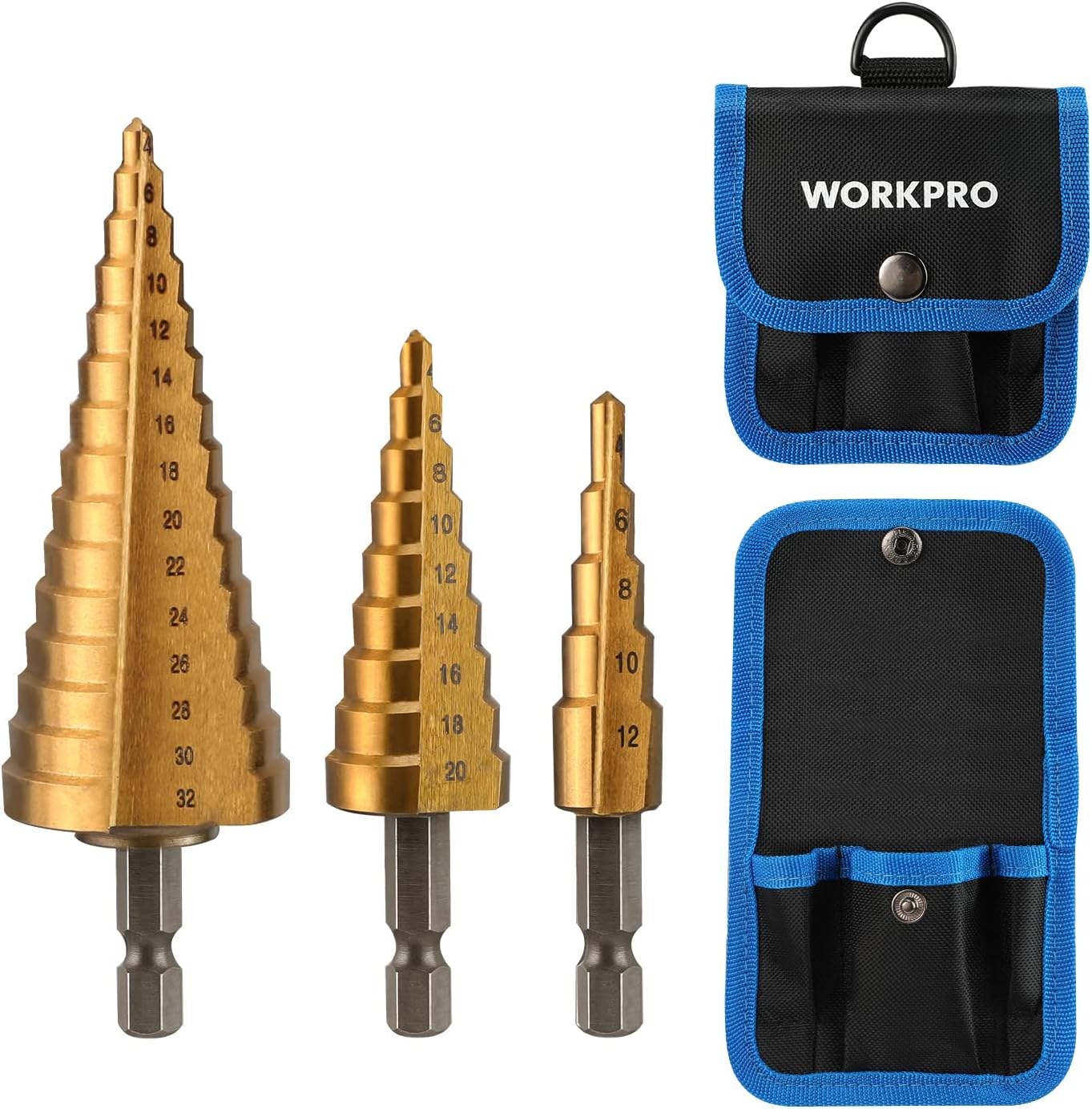 WORKPRO 3-Piece Step Drill Bit Set, 1/4" Hex Shank Quick Change High Speed Steel Titanium Coated Drill Bits for Plastic, Sheet Metal, Aluminum Hole Drilling, Well-Organized Bag Included,Metric image number 4