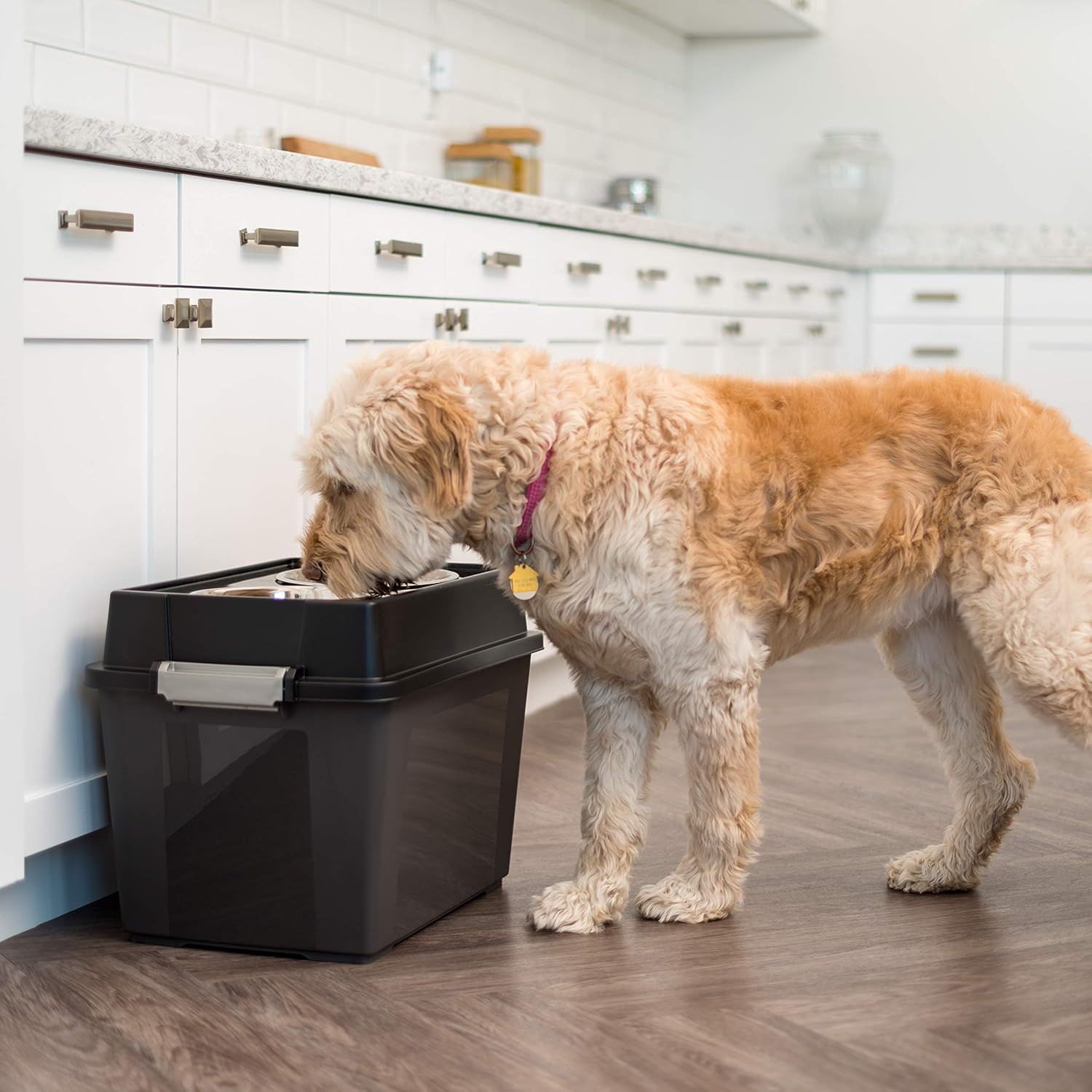 IRIS USA Elevated Dog Bowls, 15" H Raised Bowl for Large Dogs, Airtight Pet Food Storage Holds up to 47 Lbs, 2 Removable 64 Oz Stainless Steel Bowls, at Home or Camping, Smoke/Black image number 5