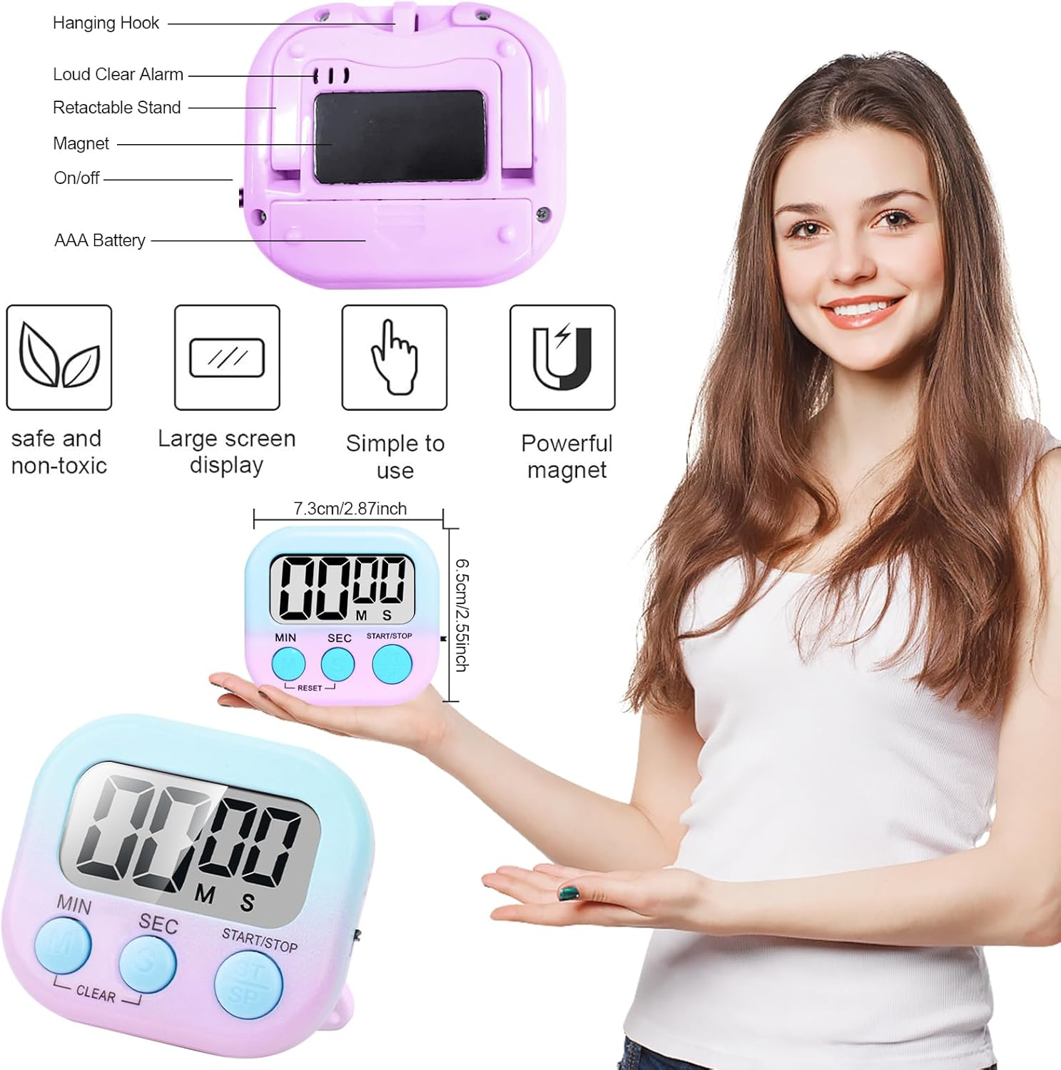 Kitchen Timer,2 Piece Multi-Function Electronic Timer,H HOME-MART Magnetic Digital Timers Big LCD Display the Loud/Silent Switch Countdown Timer (Gradient Blue Purple(2 Pack)) - Gradient Pink Blue(2 Pack) image number 6