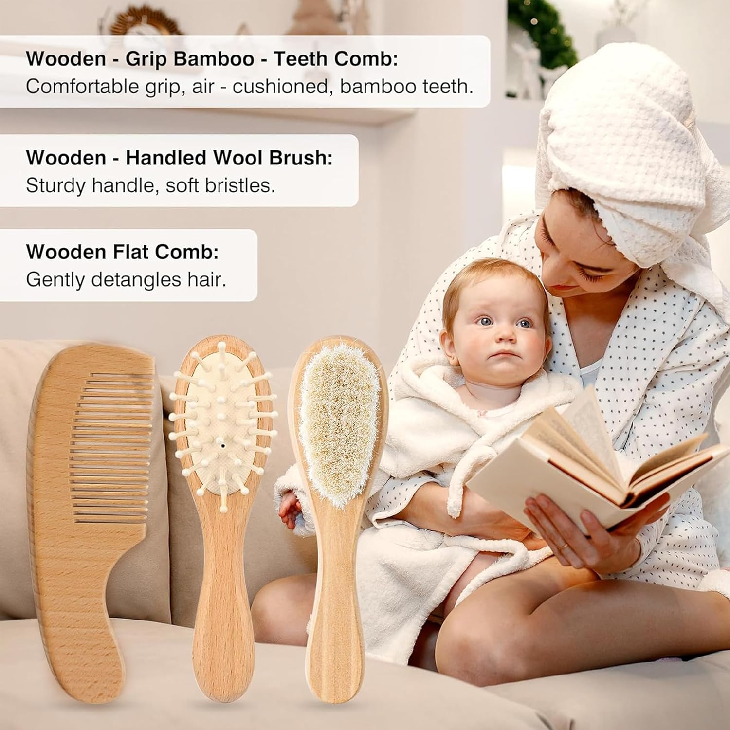 Natural Wooden Baby Grooming Set, 3-Piece with Goat Hair Brush, Comb and Storage Bag