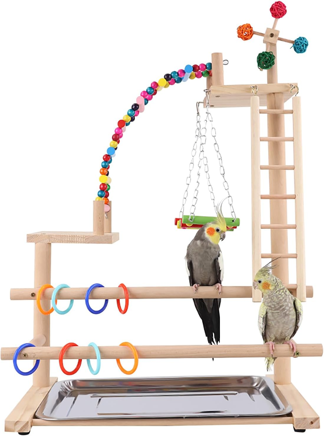 Beaufairy Bird Playground Parrot Play Stand, Parrot Playstand Wood Play Gym, with Swing Climb Natural Wood Playpen Ladder and Tray, for Parakeets, Cockatiels, Bird Cage Accessories, 46*31*70CM, F557