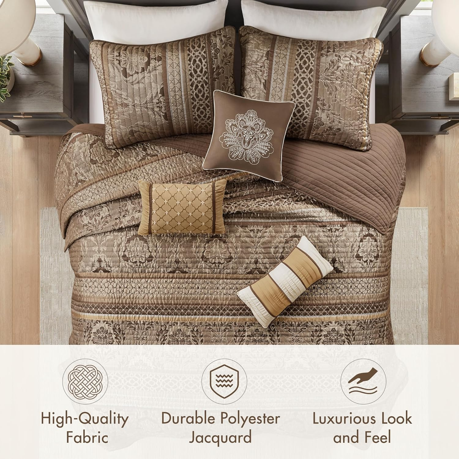 Madison Park Bellagio 6 Piece Quilted Coverlet Set, Full/Queen, Brown/Gold - Full/Queen image number 6