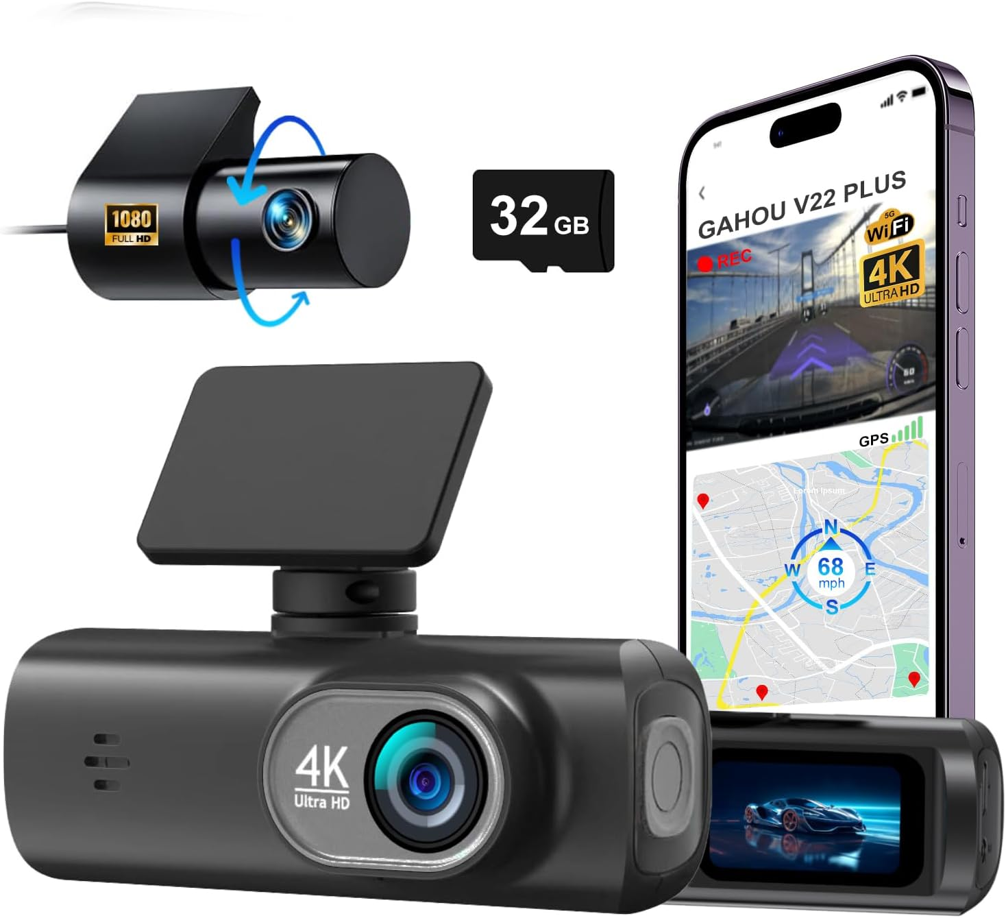 Dash Cam Front and Rear, 32GB Card Included, Front 4K and 2.5K Rear 1080P Dual Dash Camera, Built-In Wifi GPS, Loop Recording, Night Vision, 170&deg; Wide Angle, Parking Mode, Smart App Control image number 2