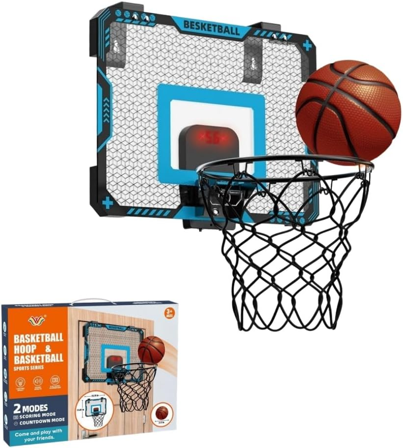 Aoiiigo Basketball Hoop with LED Lighting and Electronic Scoreboard with 2 Scoring Methods Mini over the Door Hoop for 4-12 Year Old Boys Girls Birthday Gift