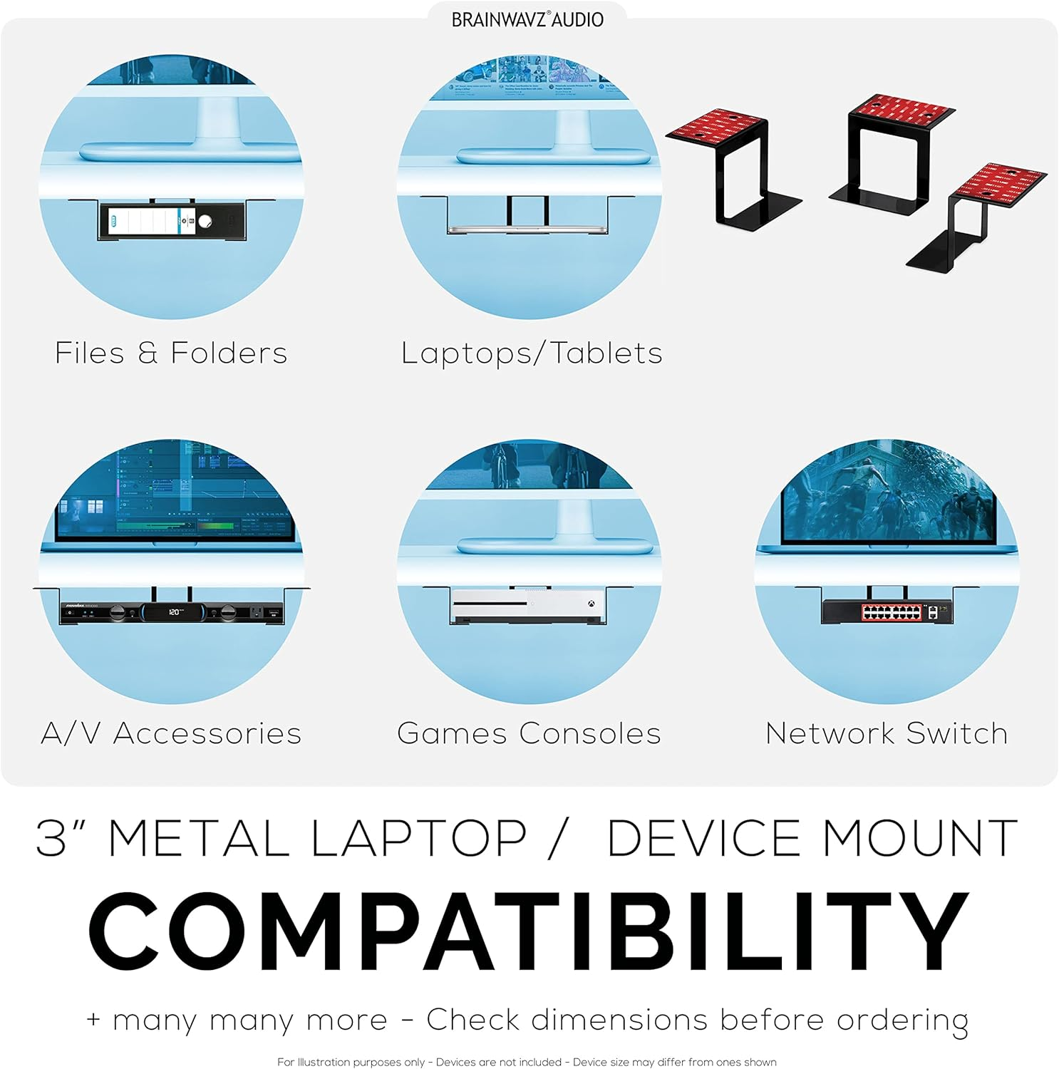 3&rdquo; Metal under Desk Laptop, Cable Box & Router Holder Mount, Adhesive & Screw In, Holds Upto 3" Devices like Small Computers, Macbook, Surface, Keyboard, Network Switch, Modems & More