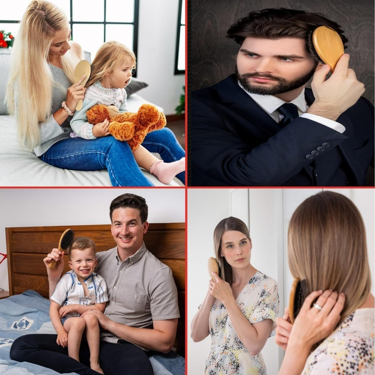 Wild Boar Bristle Brush,Massage Comb,Soft Natural Wooden Nylon Bristles Hairbrush,Boar Bristle Cushion Brush, for Women Men for Thick Thin Long Short Hair, 21X6.5Cm