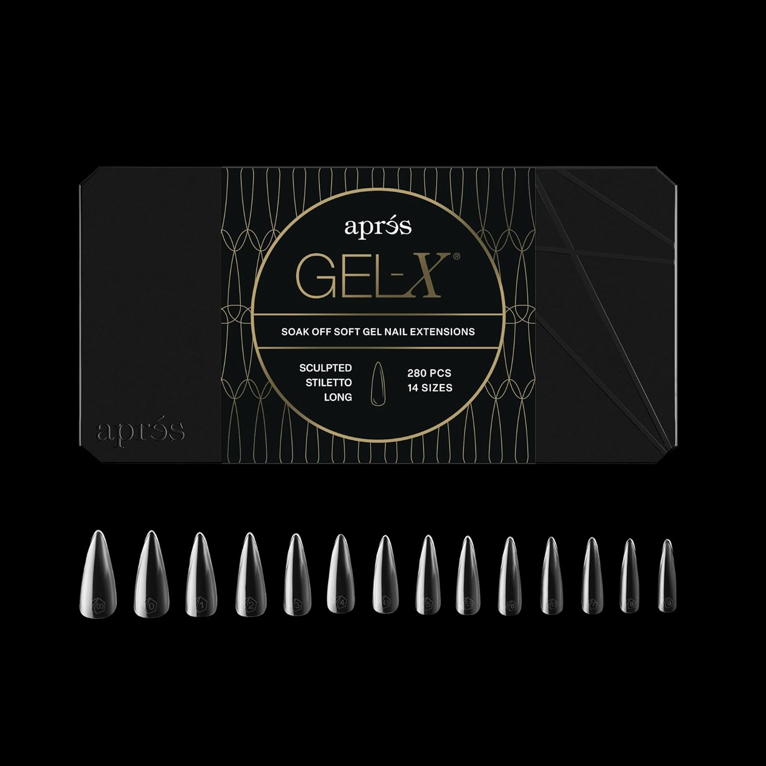 APR&Eacute;S Apres Gel-X Stiletto Nail Tips Box, 280 Soft, 14 Sizes 00-9, Media Included (Carved Long, Count)