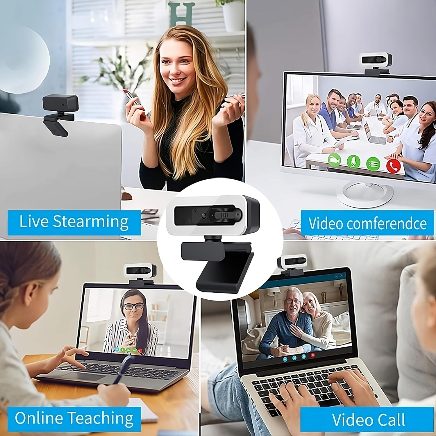 Webcam with Autofocus, USB 2K Computer Camera Ring Light & Privacy Cover for Video Conferencing, Streaming & Online Learning USB Plug & Play, Compatible with Windows/Macos/Linux image number 1