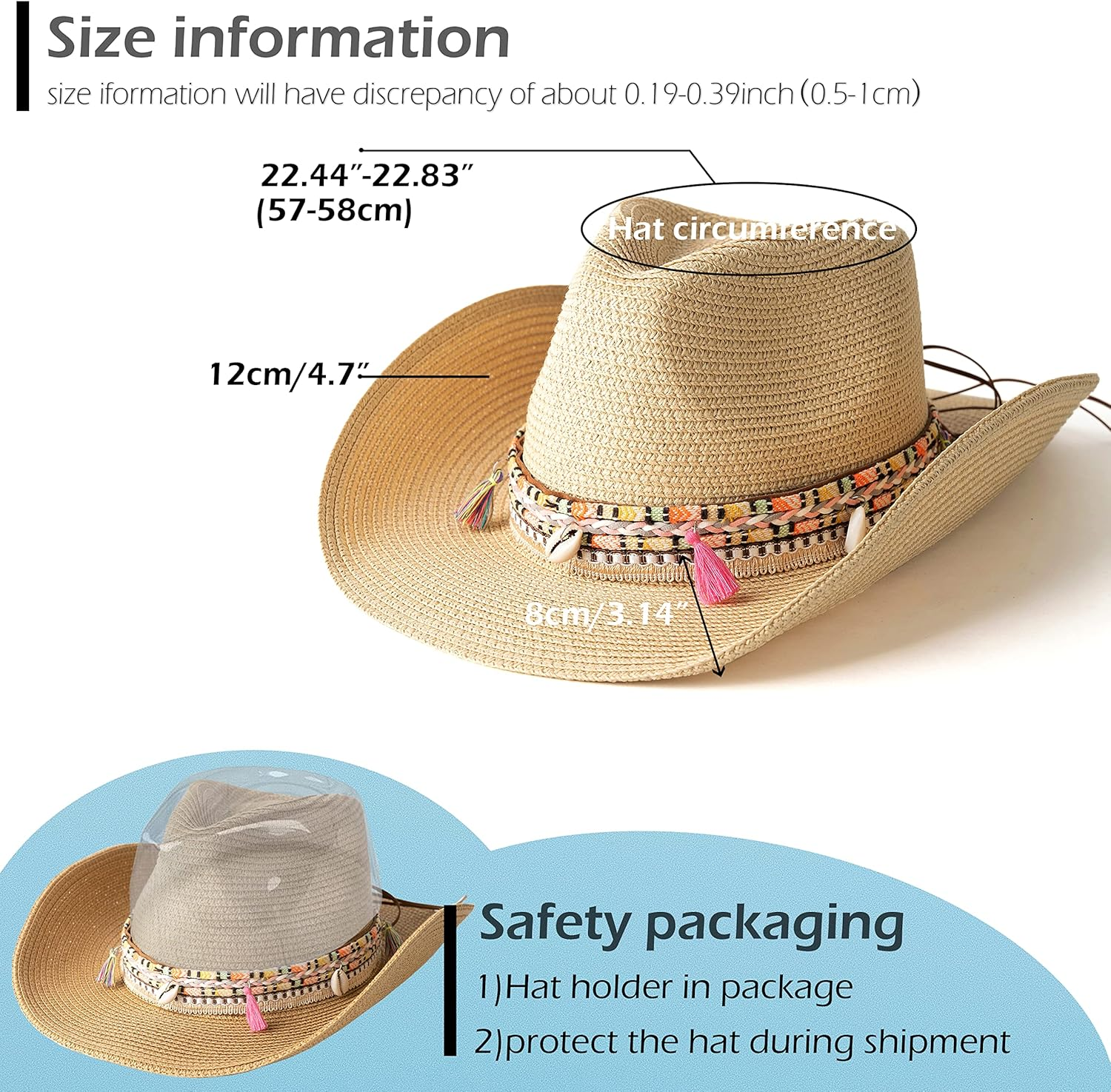 Gossifan Women'S Woven Straw Cowboy Hat W/Beaded Trim Band Hat Beach Holiday Sun Hats - A Belt Beige image number 2