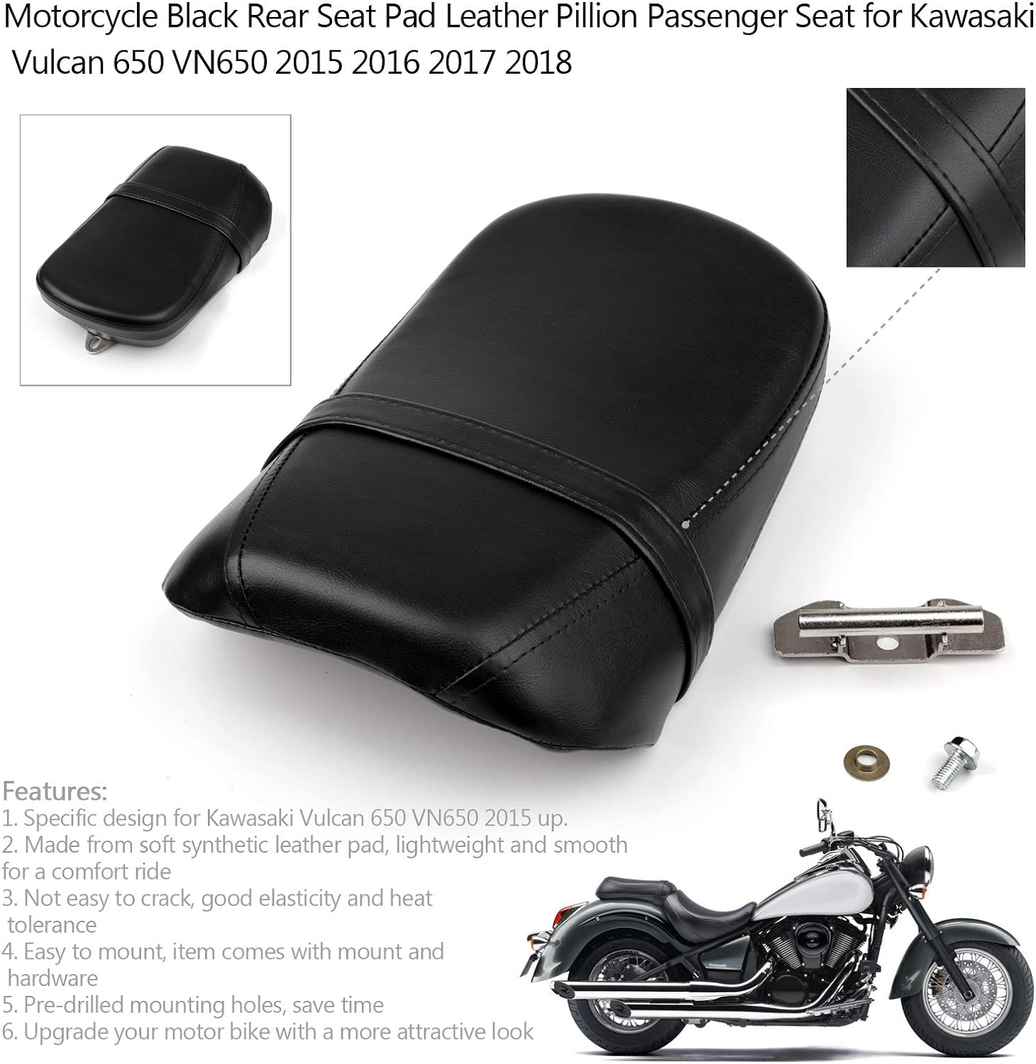 Areyourshop Motorbike Rear Passenger Seat, Motorcycle Passenger Rear Seat Leather Pillon Seat Cushion Replacement for K-A-W-A-S-A-K-I Vulcan 650 VN650 2015 + image number 1