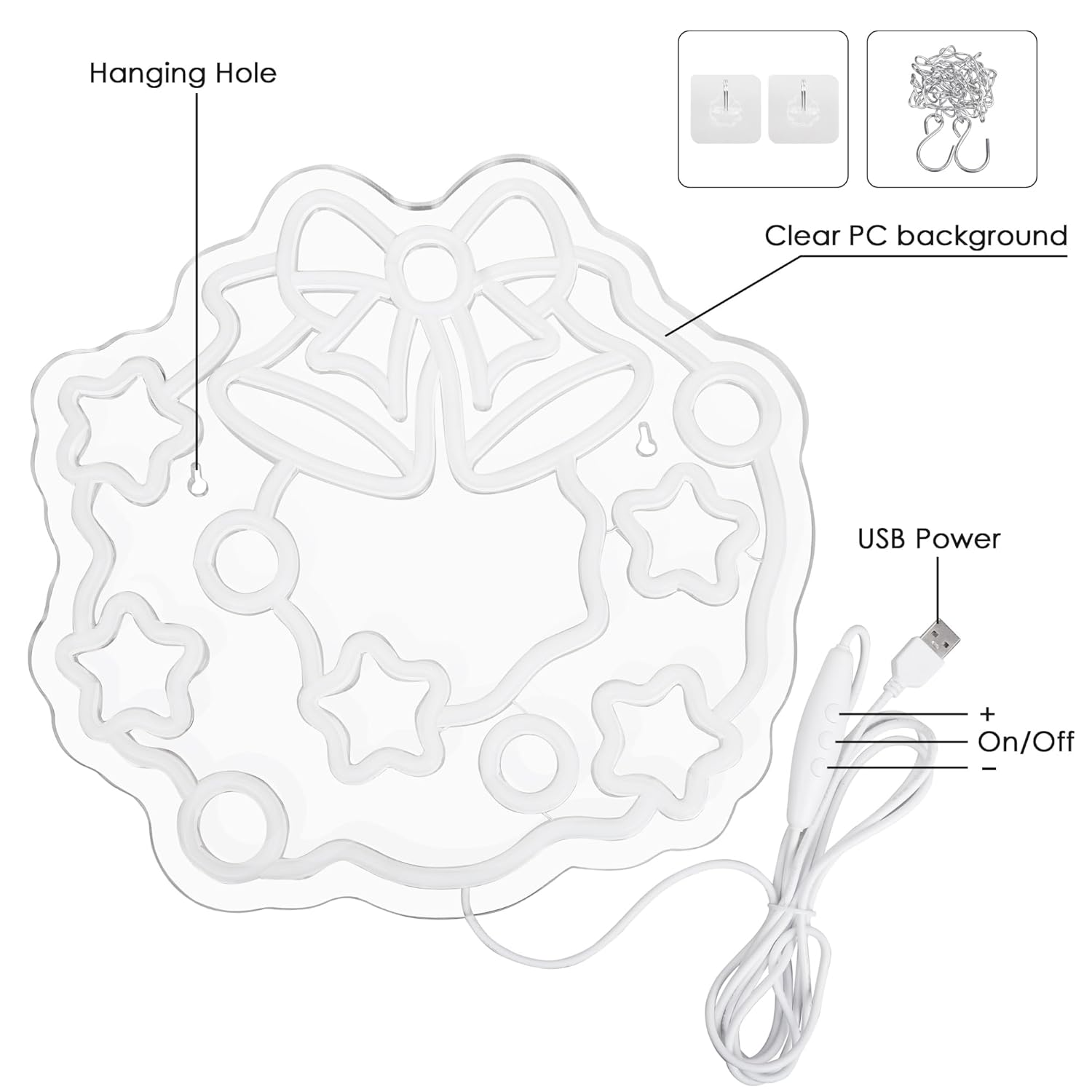 TRIXES Neon Wreath LED Light up Sign - Large 32Cm Retro Wall Decoration - Festive Hanging Decor USB Powered image number 2