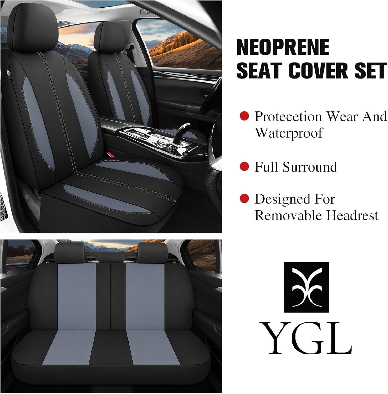YGL Car Seat Covers for Front Seats,Waterproof Seat Covers for Cars,Durable Neoprene Car Seat Protectors,Interior Covers for Cars,Sedan Van Truck Suv(Black/Gray) image number 6