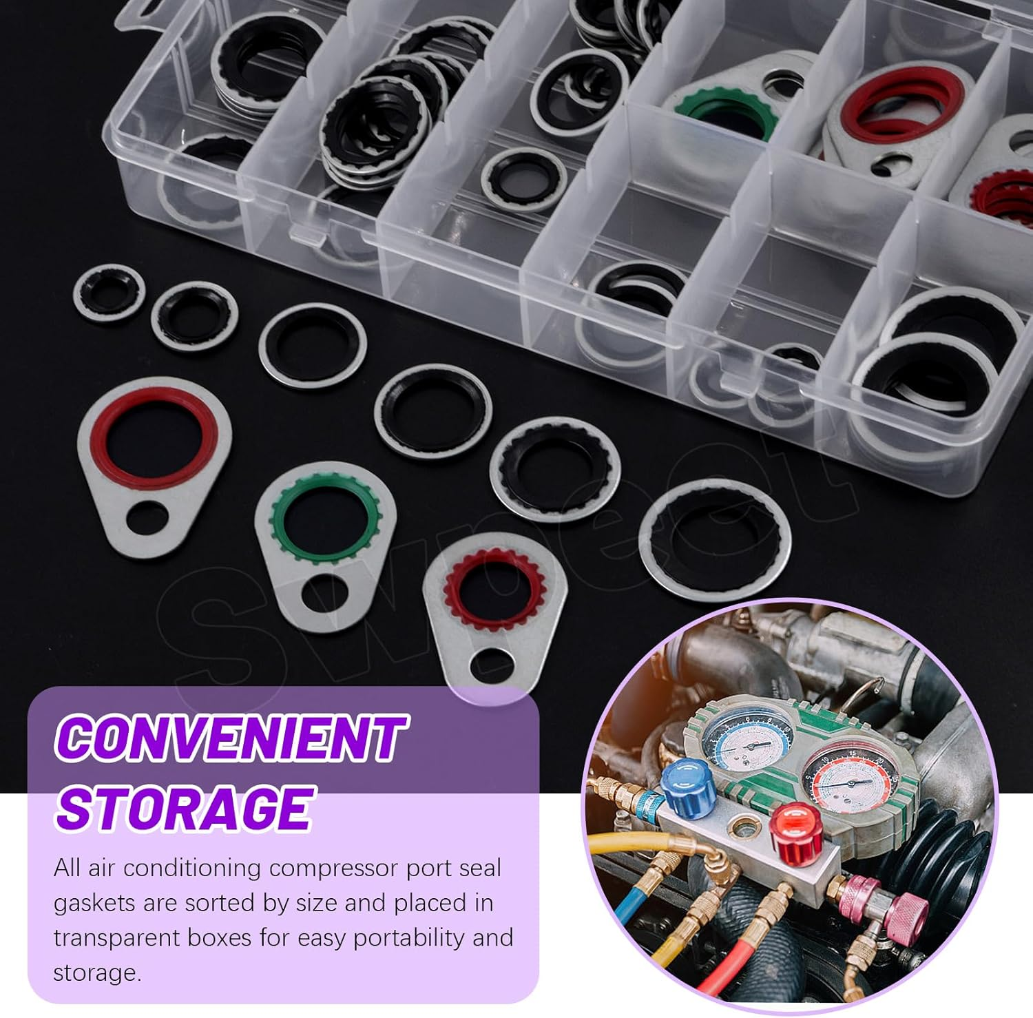 Swpeet 60Pcs 9 Size A/C System Compressor Gasket Seals Assortment Kit, Air Conditioning Compressor Port Seal Washer, Bonded Gasket Seal, A/C Compressor Seal Gasket image number 5
