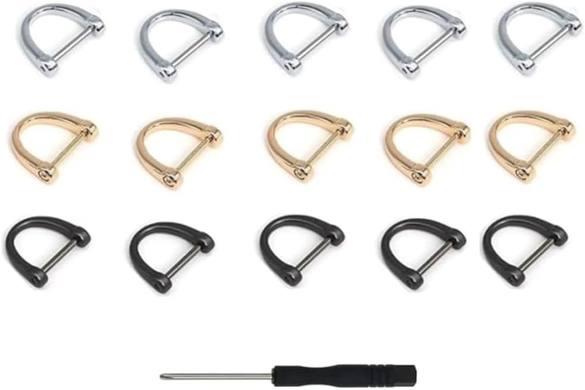 Changyeah 15 Pcs Screw in Shackle Semicircle D Ring, Horseshoe U Shape D Ring,D-Rings Screw in Shackle Horseshoe U Shape D Ring,Handbag U Shape D Ring with Small Screwdriver (Gold, Black, Silver image number 1
