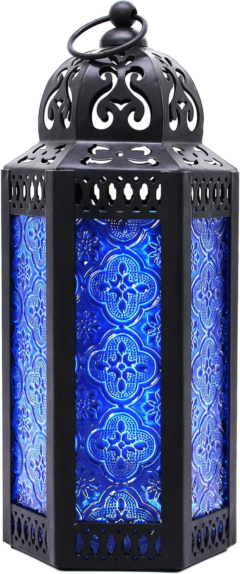 CVHOMEDECO. Decorative Candle Lantern Moroccan Lanterns Vintage Black Metal Lantern Holder for Home Patio Outdoor Decor. Cobalt Glass, Medium image number 1