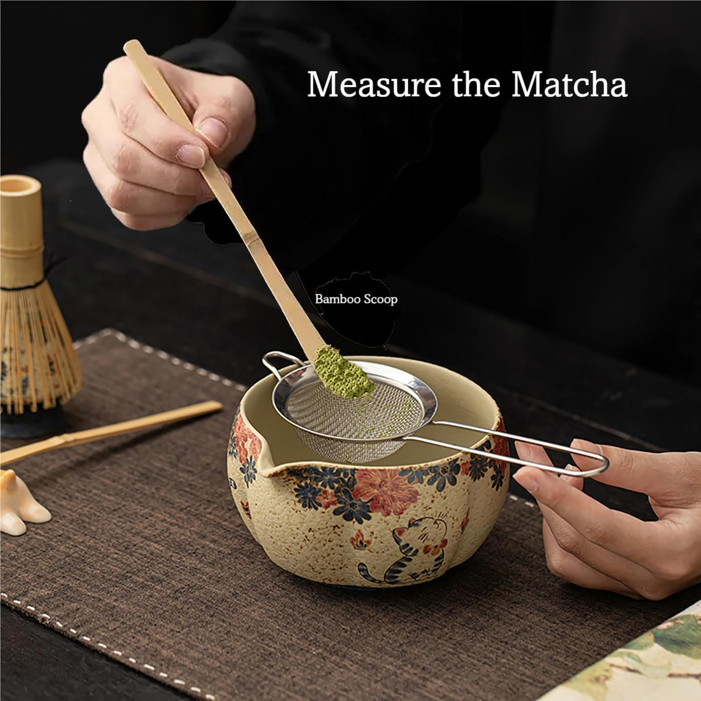 ECOMUSE Matcha Bowl Set, 18.6 OZ, Matcha Bowl Featuring Oriental Aesthetics with Handmade Ceramic Bowl, Ceramic Whisk Holder,Whisk,Scoop​, 4Pc Matcha Set for Lovers & Gift Giving image number 5
